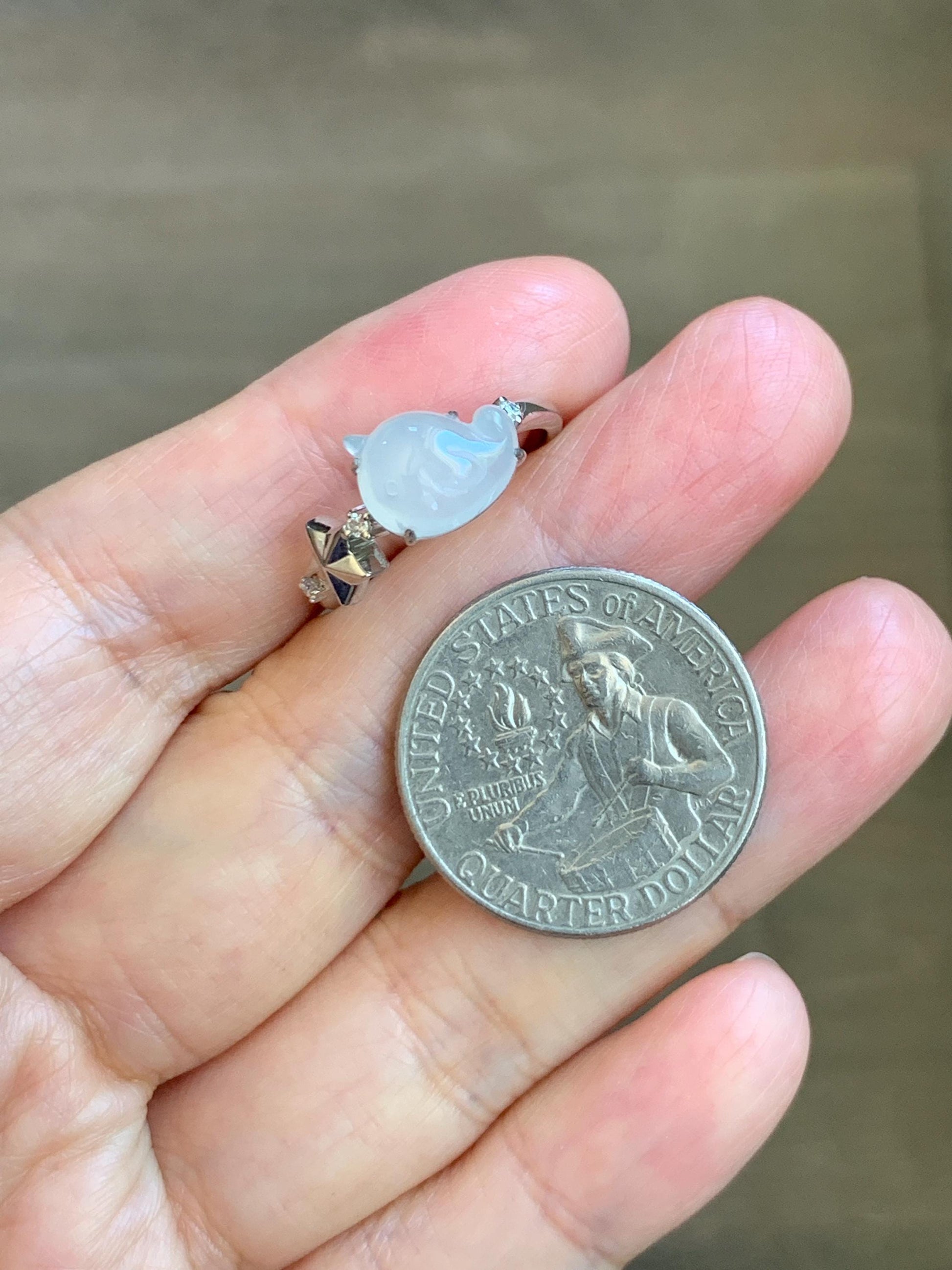 Certified Natural Grade A Icy Translucent White Jade Jadeite Carved Narwhal Unicorn Ring Sterling Silver Size 7.25 US 天然白冰翡翠独角鲸银镶戒指 226