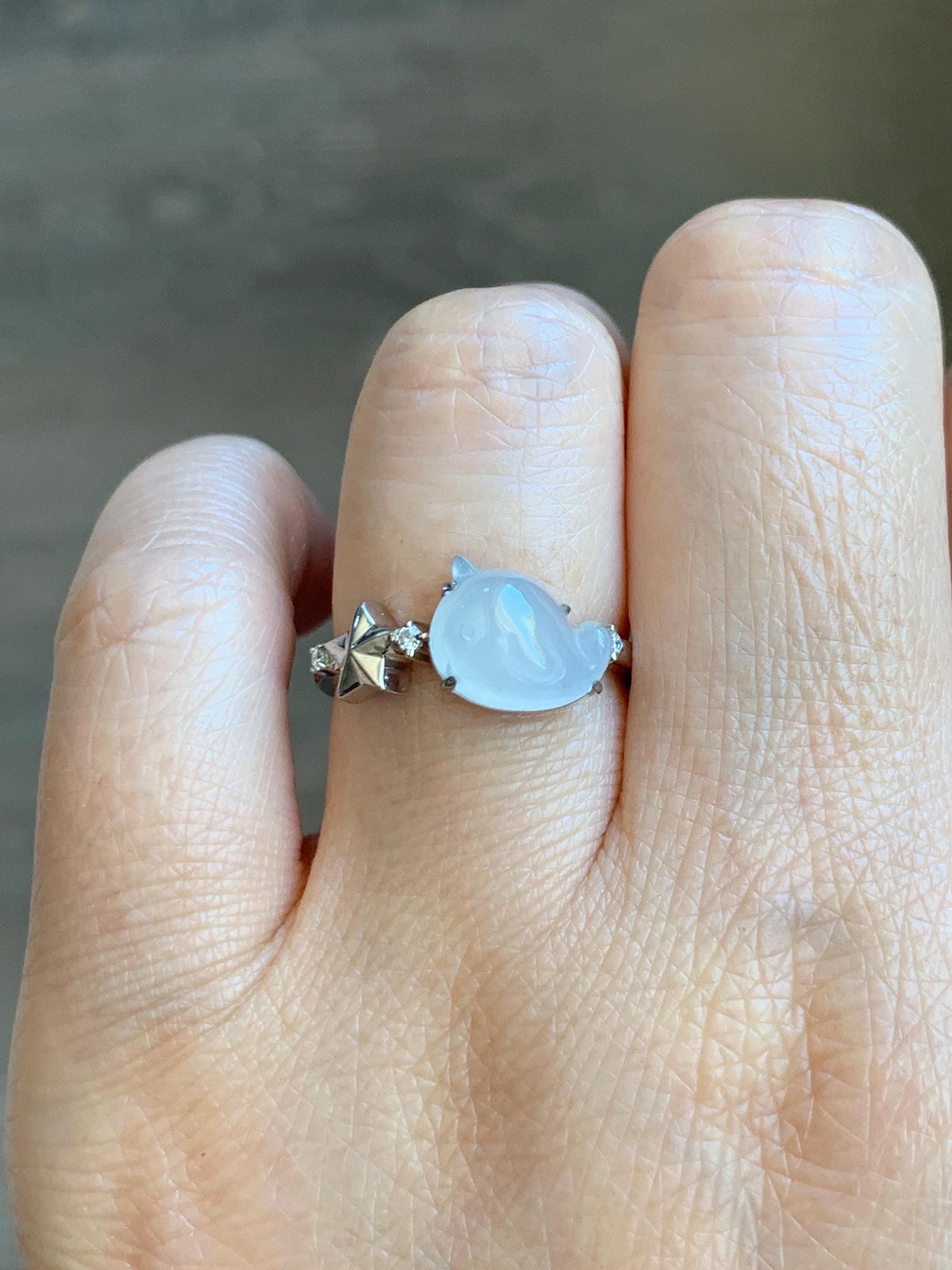 Certified Natural Grade A Icy Translucent White Jade Jadeite Carved Narwhal Unicorn Ring Sterling Silver Size 7.25 US 天然白冰翡翠独角鲸银镶戒指 226