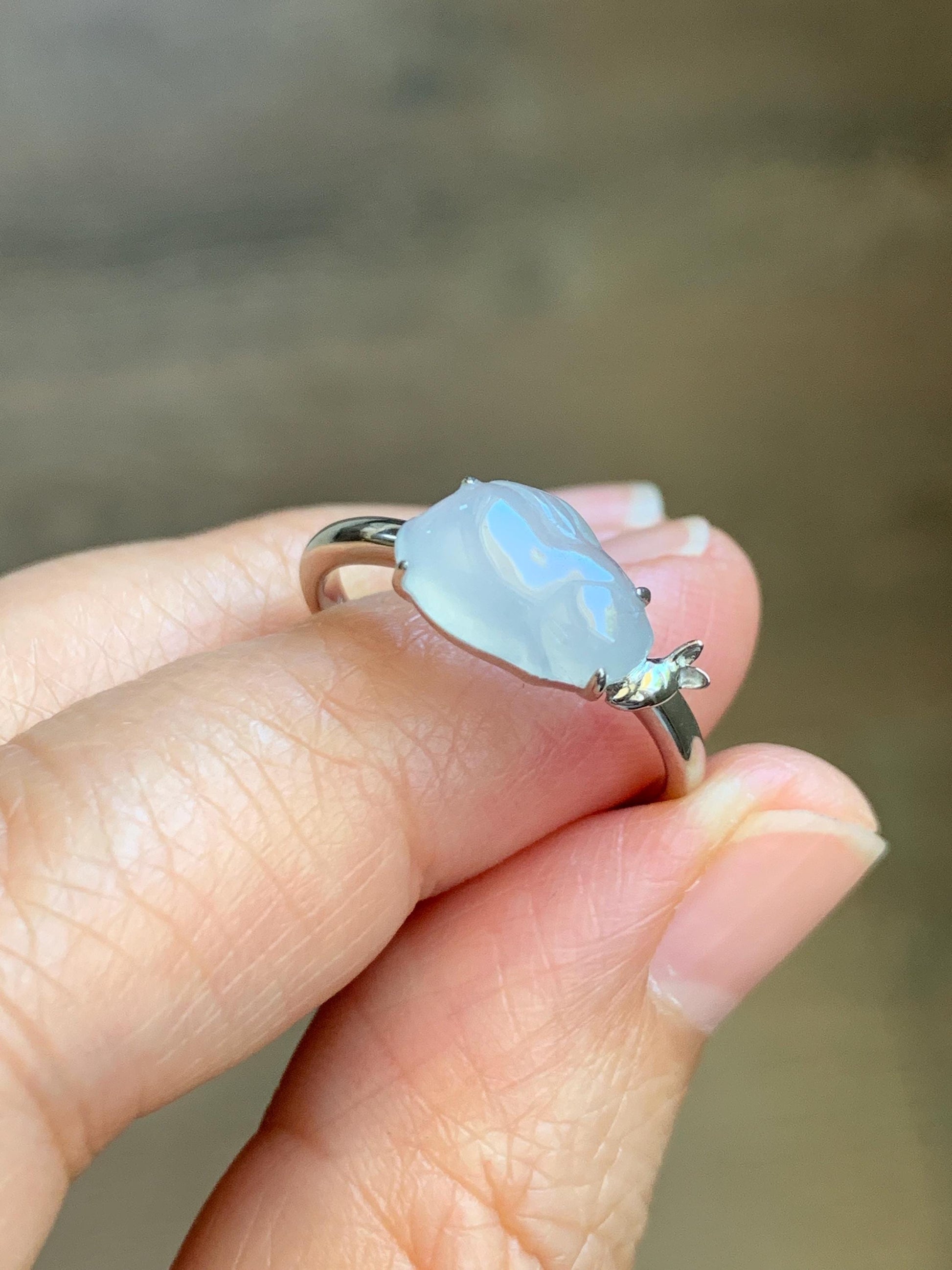 Certified Natural Grade A Icy Translucent White Jade Jadeite Carved Rabbit Carrot Ring Sterling Silver Size 7.25 US 天然白冰翡翠小兔胡萝卜银镶戒指 225