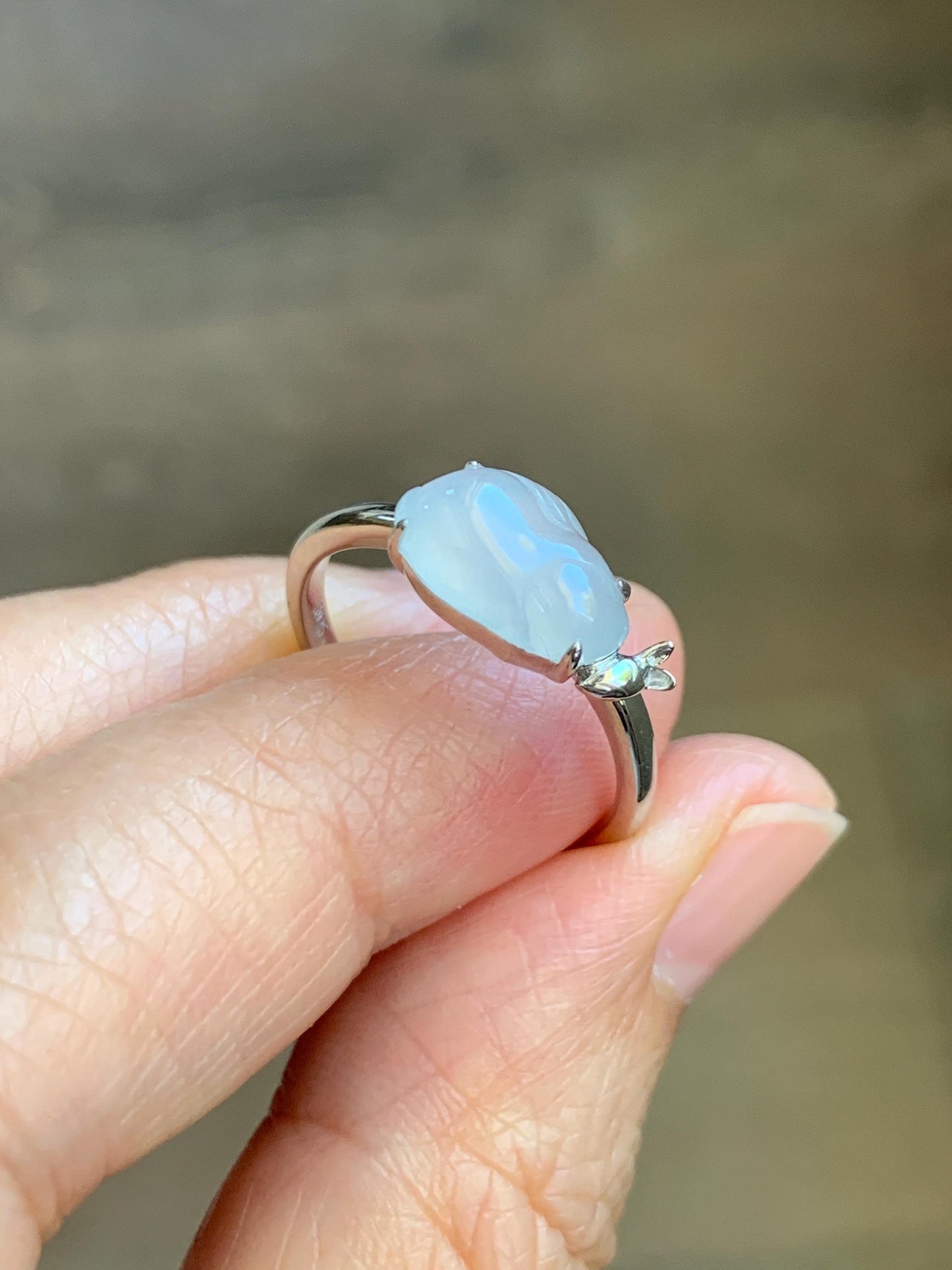 Certified Natural Grade A Icy Translucent White Jade Jadeite Carved Rabbit Carrot Ring Sterling Silver Size 7.25 US 天然白冰翡翠小兔胡萝卜银镶戒指 225