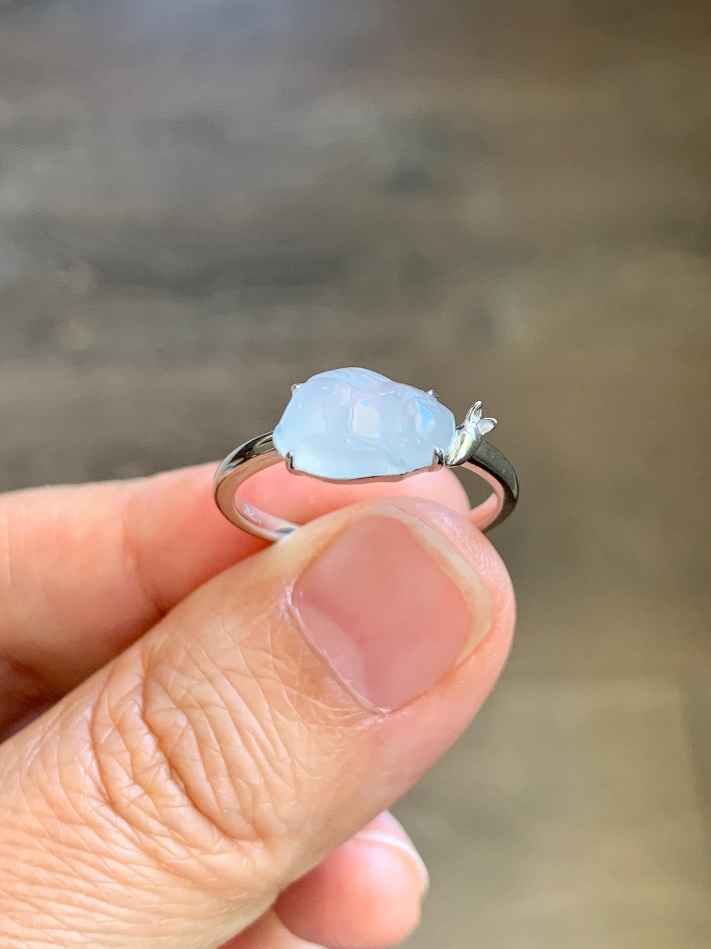 Certified Natural Grade A Icy Translucent White Jade Jadeite Carved Rabbit Carrot Ring Sterling Silver Size 7.25 US 天然白冰翡翠小兔胡萝卜银镶戒指 225