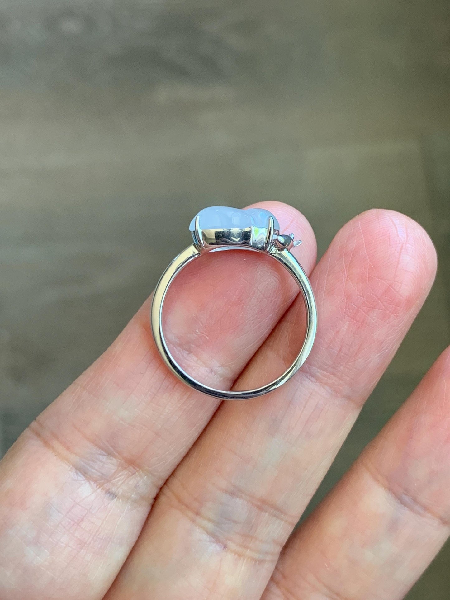 Certified Natural Grade A Icy Translucent White Jade Jadeite Carved Rabbit Carrot Ring Sterling Silver Size 7.25 US 天然白冰翡翠小兔胡萝卜银镶戒指 225