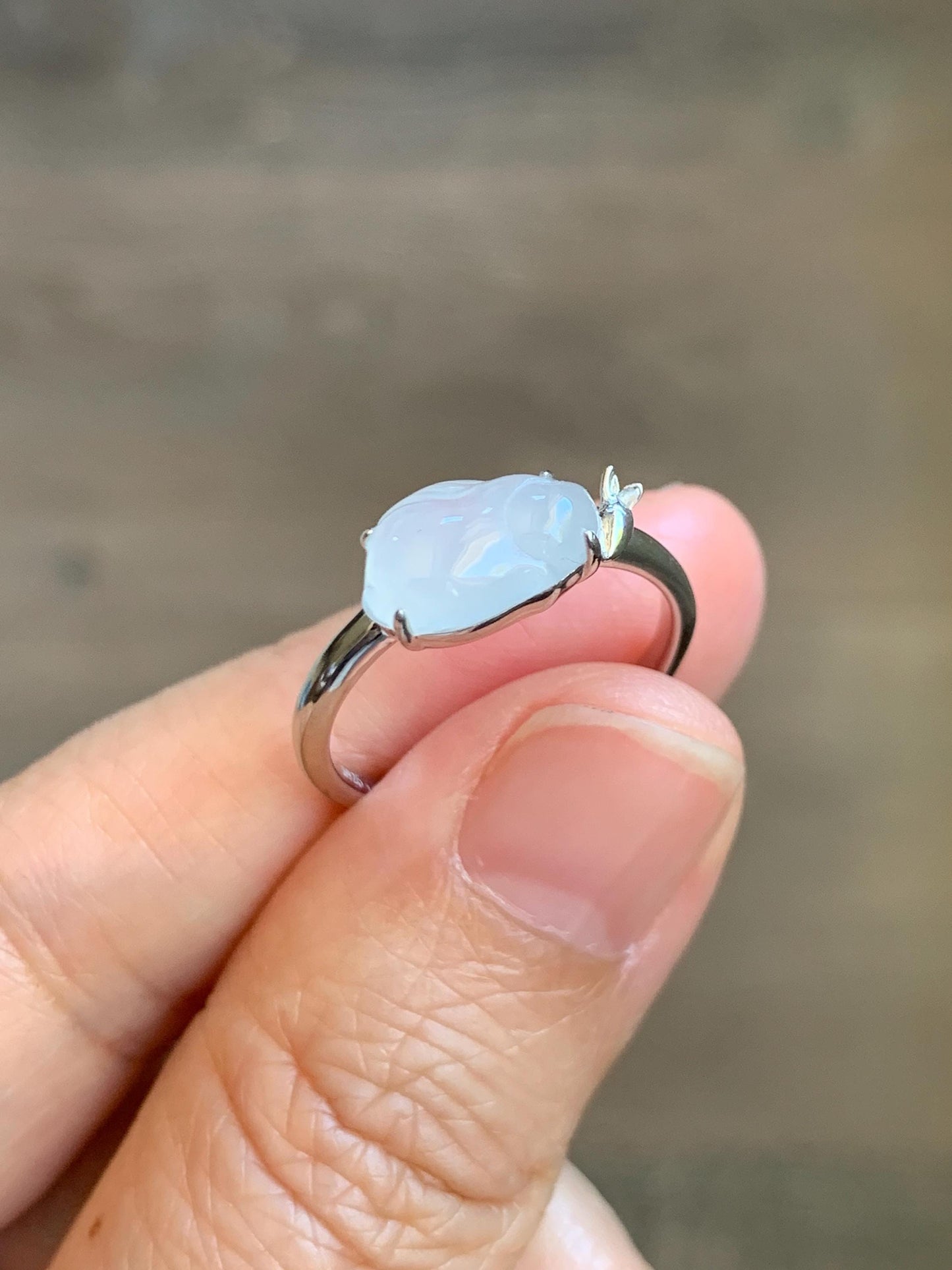 Certified Natural Grade A Icy Translucent White Jade Jadeite Carved Rabbit Carrot Ring Sterling Silver Size 7.25 US 天然白冰翡翠小兔胡萝卜银镶戒指 225