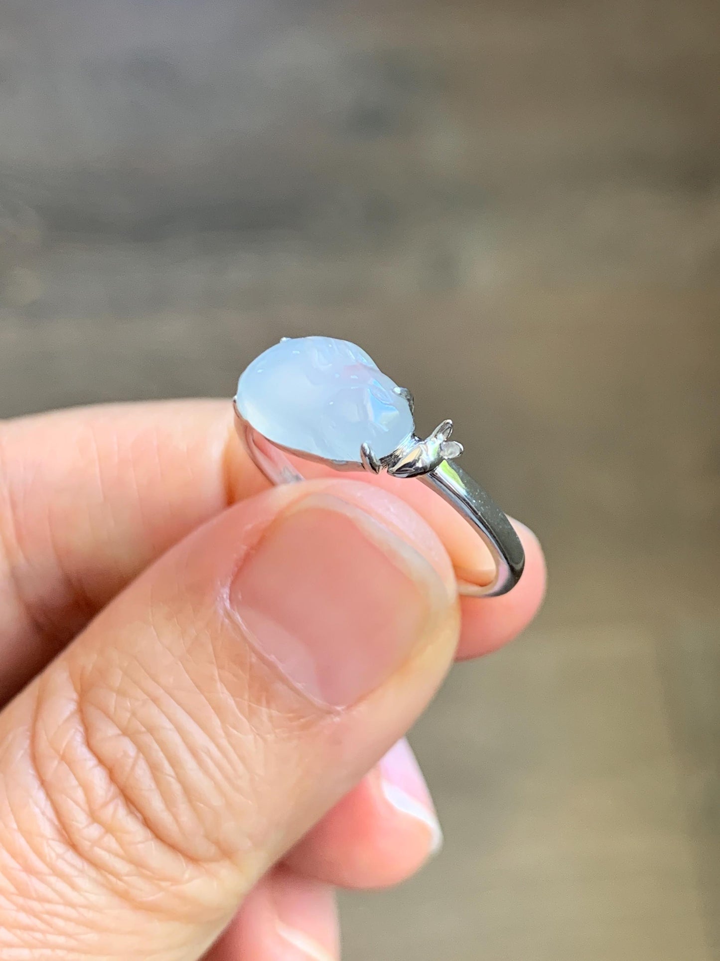 Certified Natural Grade A Icy Translucent White Jade Jadeite Carved Rabbit Carrot Ring Sterling Silver Size 7.25 US 天然白冰翡翠小兔胡萝卜银镶戒指 225