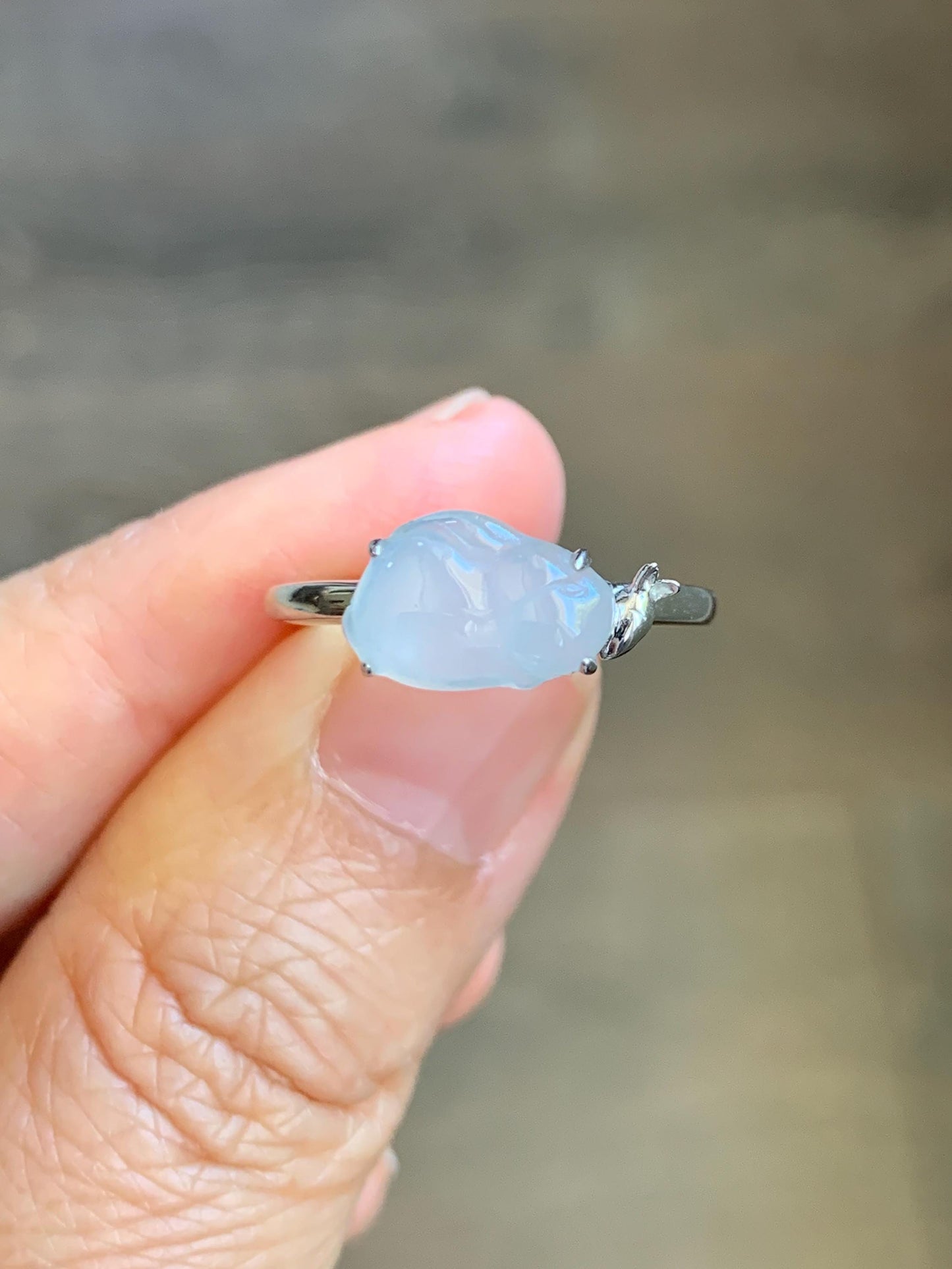 Certified Natural Grade A Icy Translucent White Jade Jadeite Carved Rabbit Carrot Ring Sterling Silver Size 7.25 US 天然白冰翡翠小兔胡萝卜银镶戒指 225