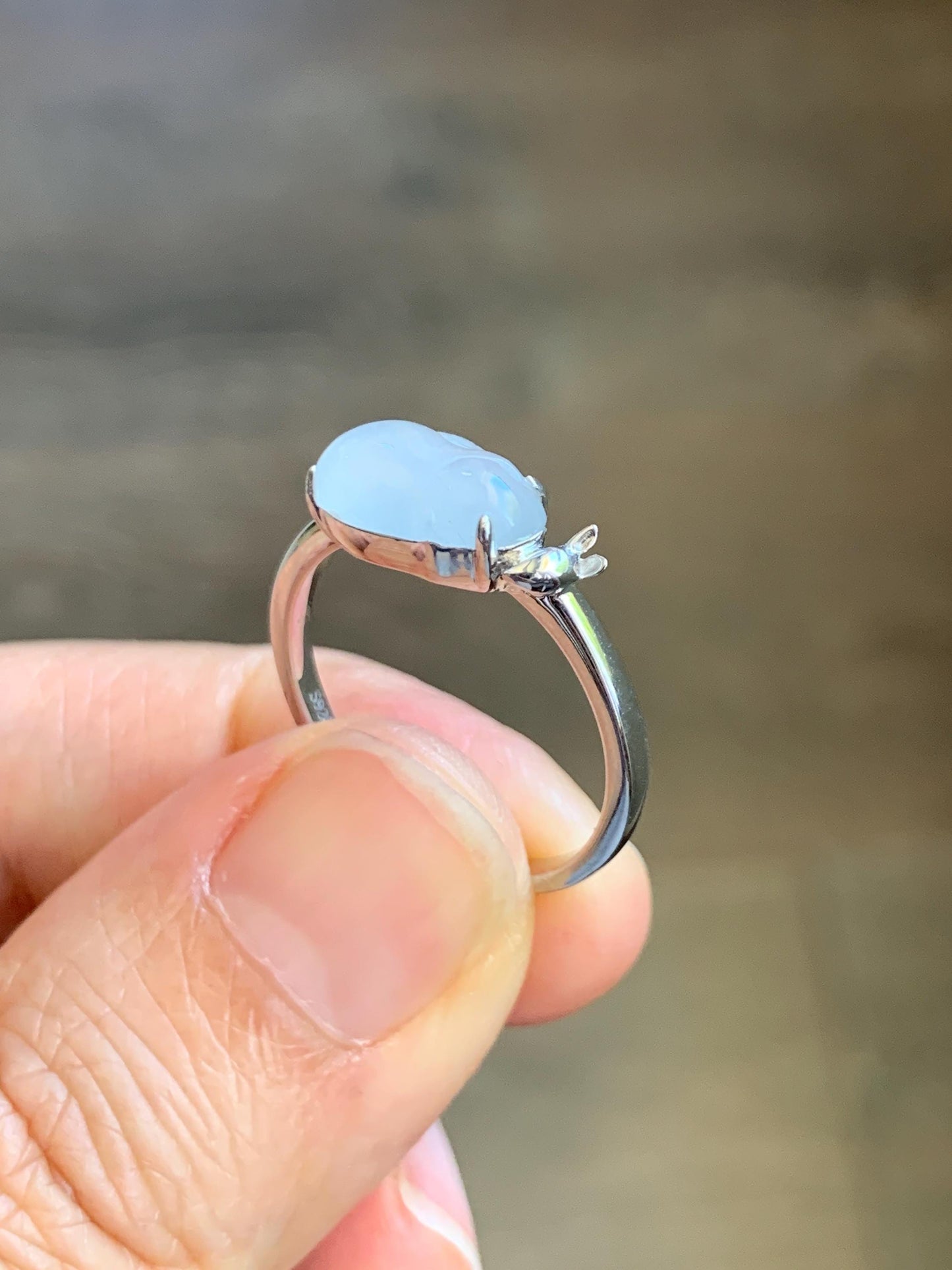 Certified Natural Grade A Icy Translucent White Jade Jadeite Carved Rabbit Carrot Ring Sterling Silver Size 7.25 US 天然白冰翡翠小兔胡萝卜银镶戒指 225