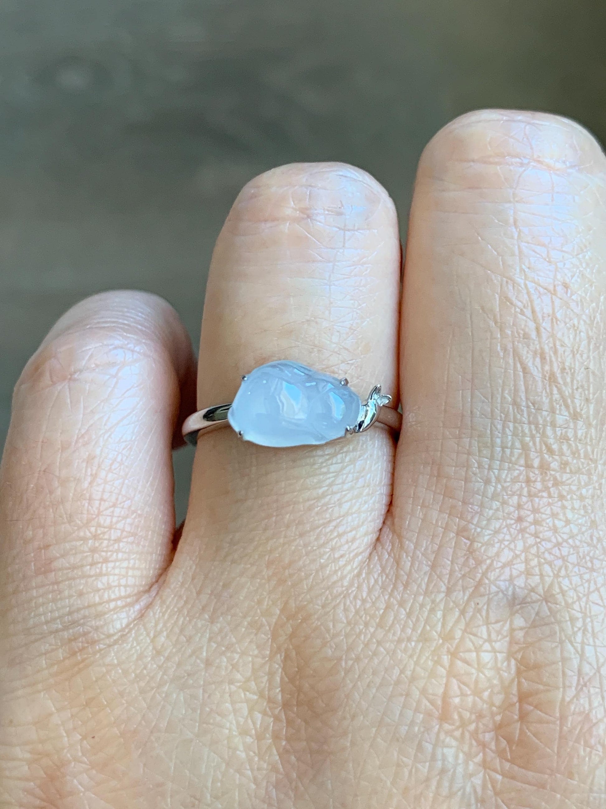 Certified Natural Grade A Icy Translucent White Jade Jadeite Carved Rabbit Carrot Ring Sterling Silver Size 7.25 US 天然白冰翡翠小兔胡萝卜银镶戒指 225