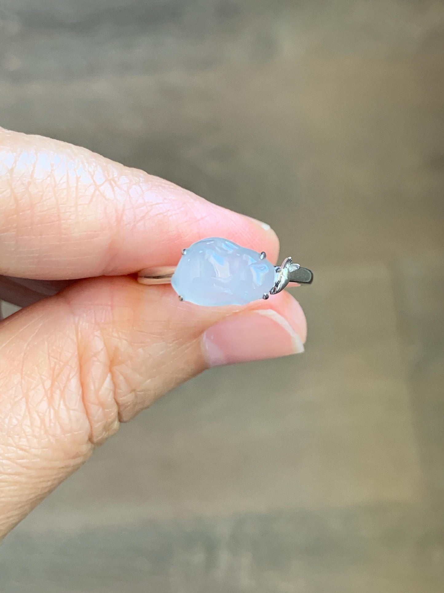 Certified Natural Grade A Icy Translucent White Jade Jadeite Carved Rabbit Carrot Ring Sterling Silver Size 7.25 US 天然白冰翡翠小兔胡萝卜银镶戒指 225