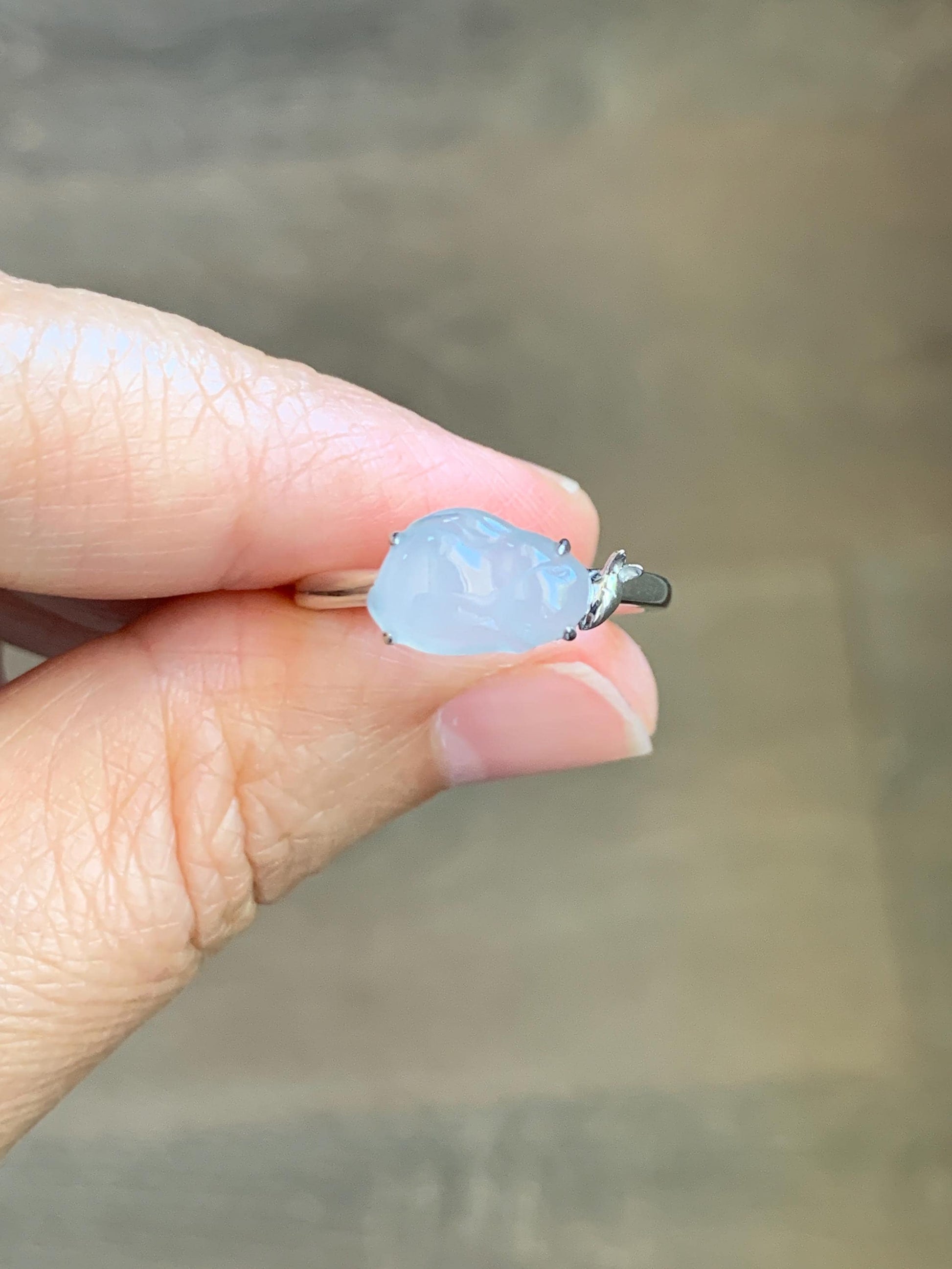 Certified Natural Grade A Icy Translucent White Jade Jadeite Carved Rabbit Carrot Ring Sterling Silver Size 7.25 US 天然白冰翡翠小兔胡萝卜银镶戒指 225