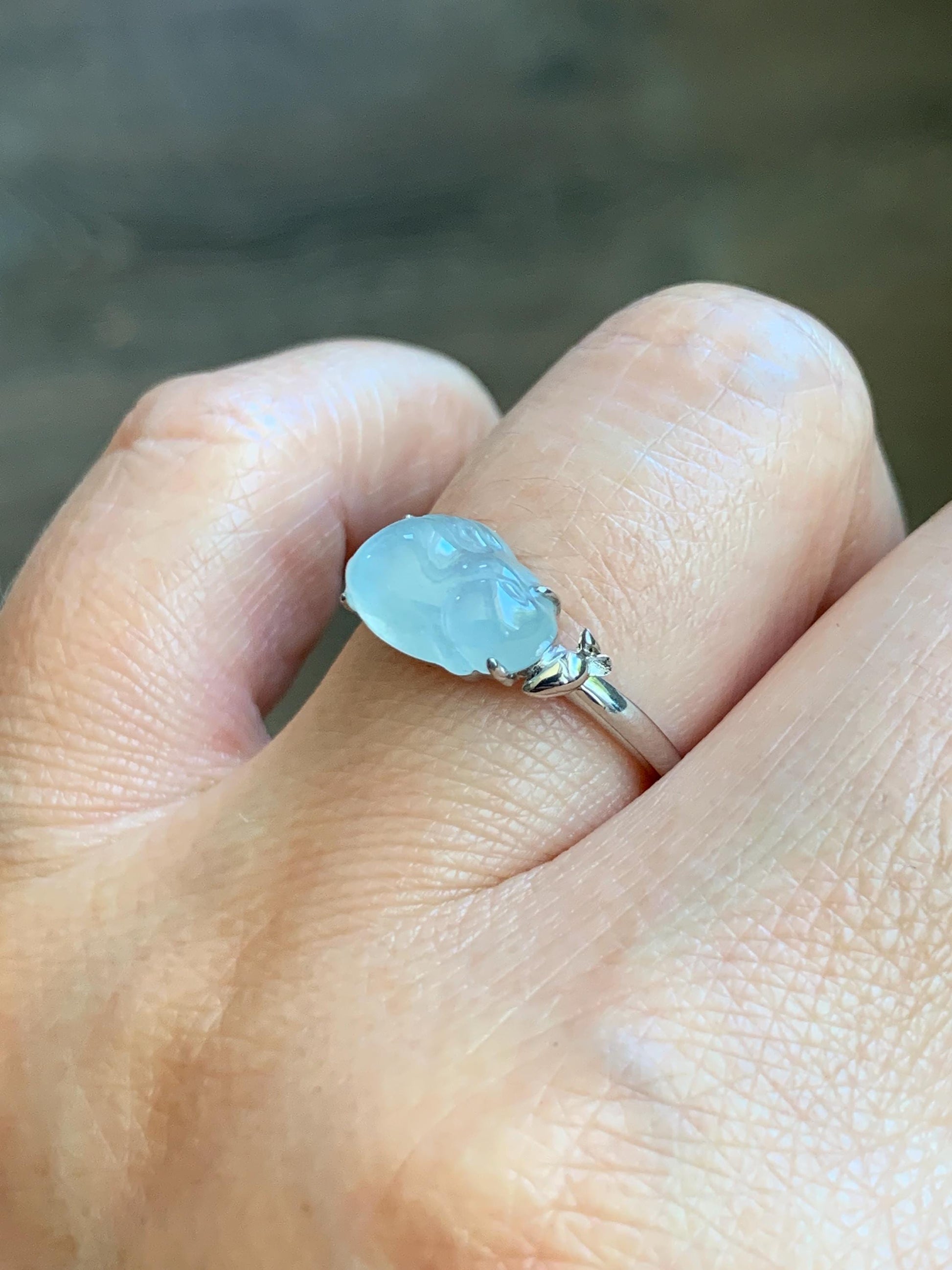 Certified Natural Grade A Icy Translucent White Jade Jadeite Carved Rabbit Carrot Ring Sterling Silver Size 7.25 US 天然白冰翡翠小兔胡萝卜银镶戒指 223
