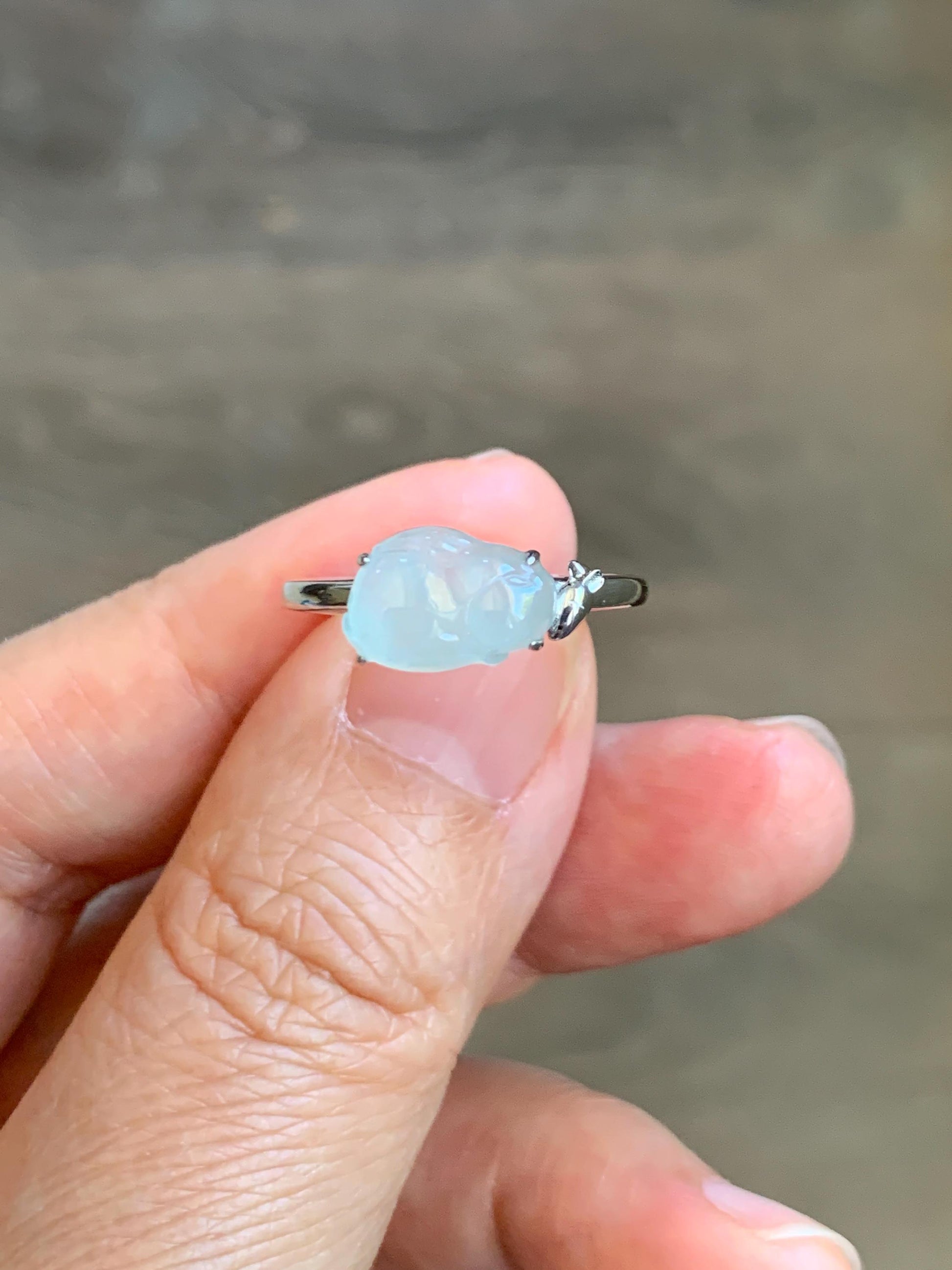 Certified Natural Grade A Icy Translucent White Jade Jadeite Carved Rabbit Carrot Ring Sterling Silver Size 7.25 US 天然白冰翡翠小兔胡萝卜银镶戒指 223