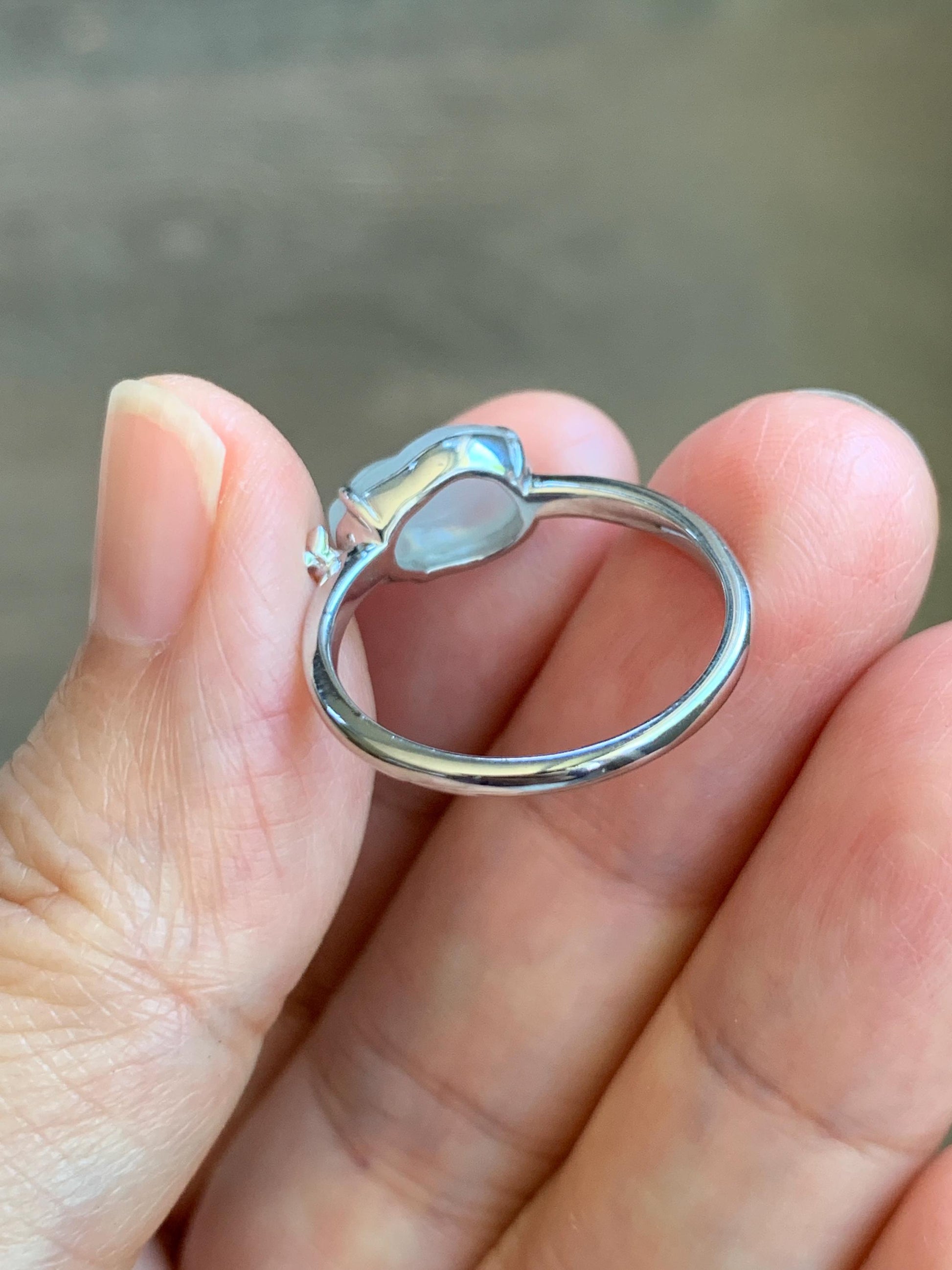 Certified Natural Grade A Icy Translucent White Jade Jadeite Carved Rabbit Carrot Ring Sterling Silver Size 7.25 US 天然白冰翡翠小兔胡萝卜银镶戒指 223