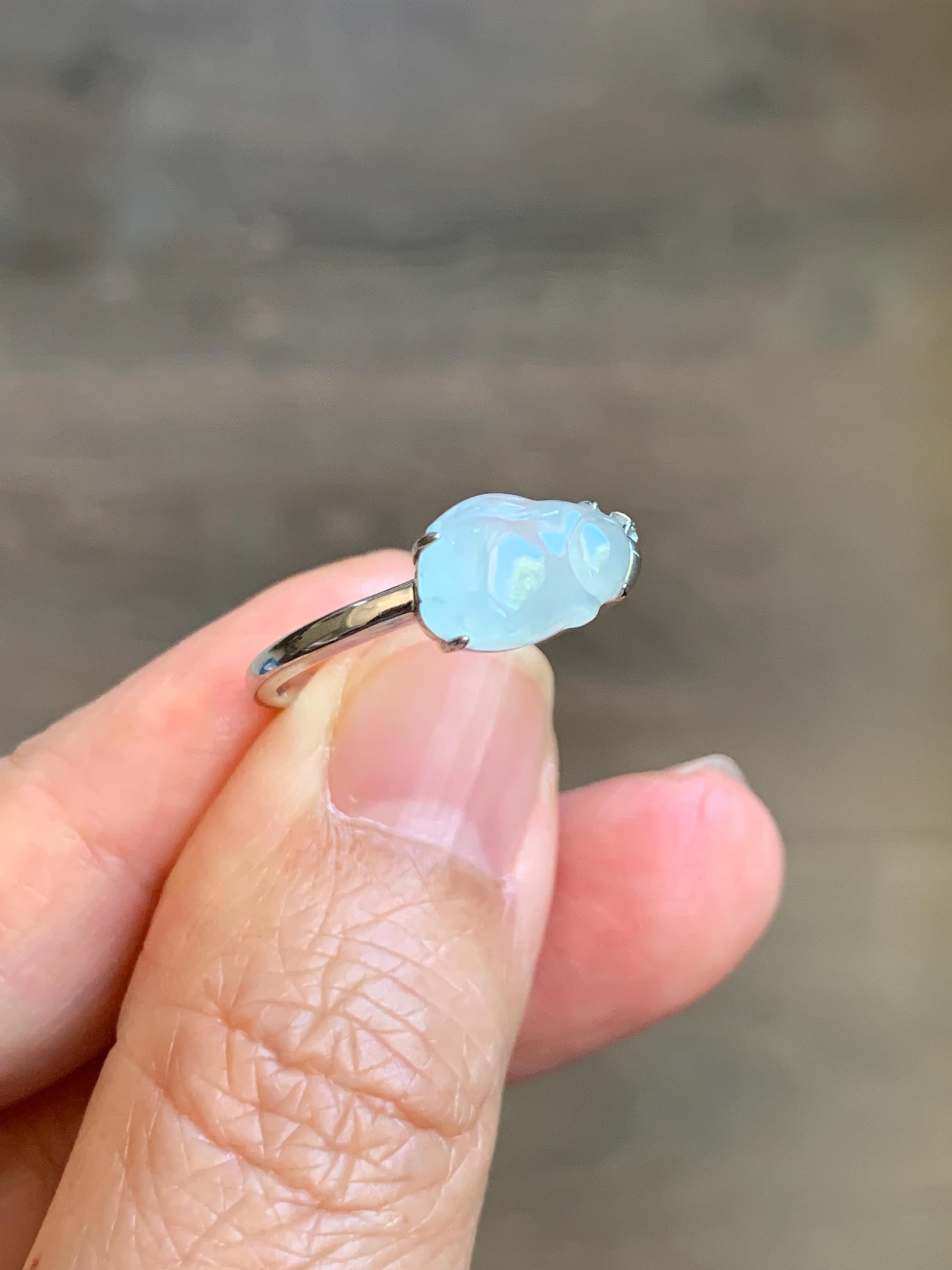 Certified Natural Grade A Icy Translucent White Jade Jadeite Carved Rabbit Carrot Ring Sterling Silver Size 7.25 US 天然白冰翡翠小兔胡萝卜银镶戒指 223