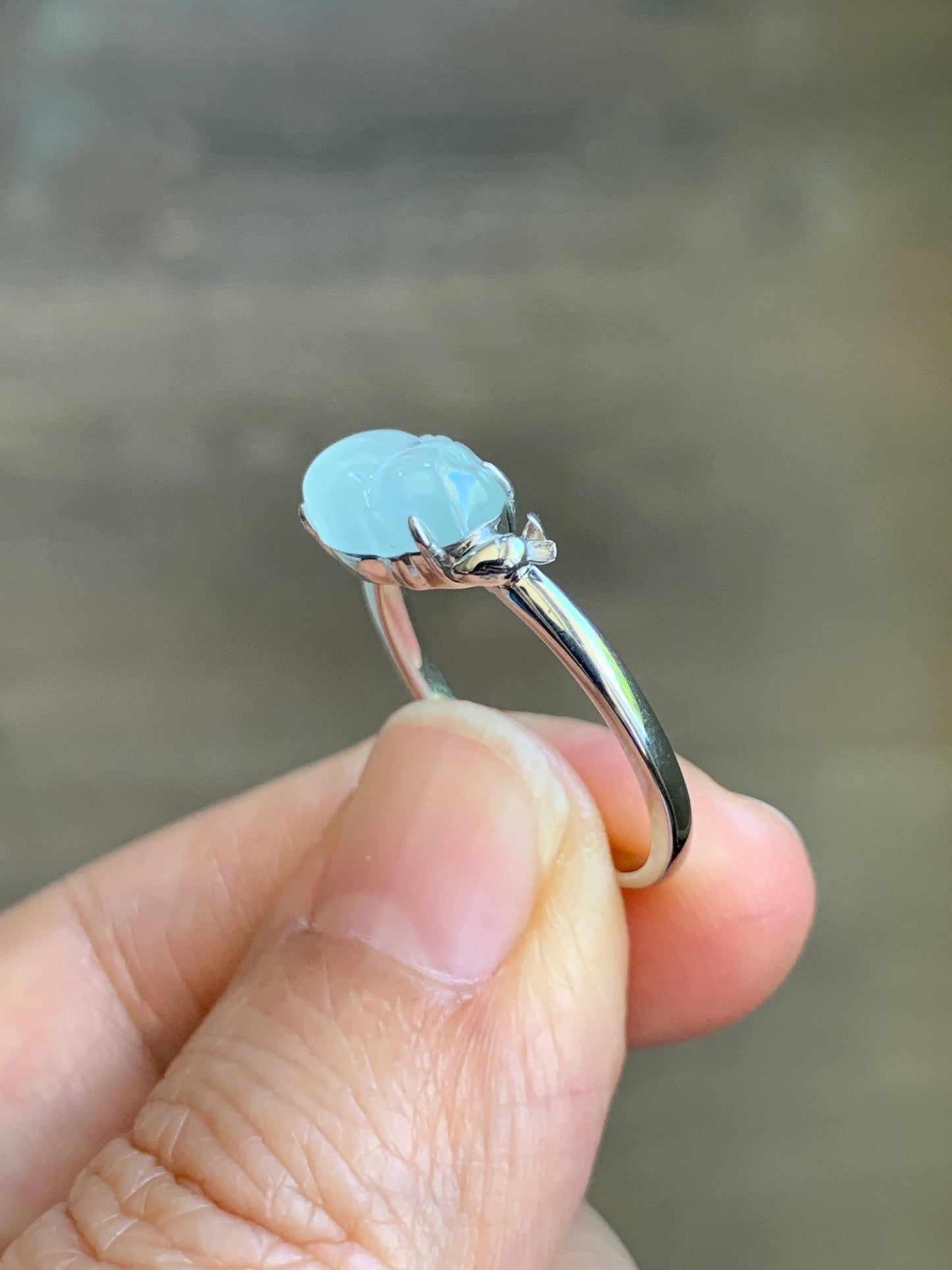 Certified Natural Grade A Icy Translucent White Jade Jadeite Carved Rabbit Carrot Ring Sterling Silver Size 7.25 US 天然白冰翡翠小兔胡萝卜银镶戒指 223