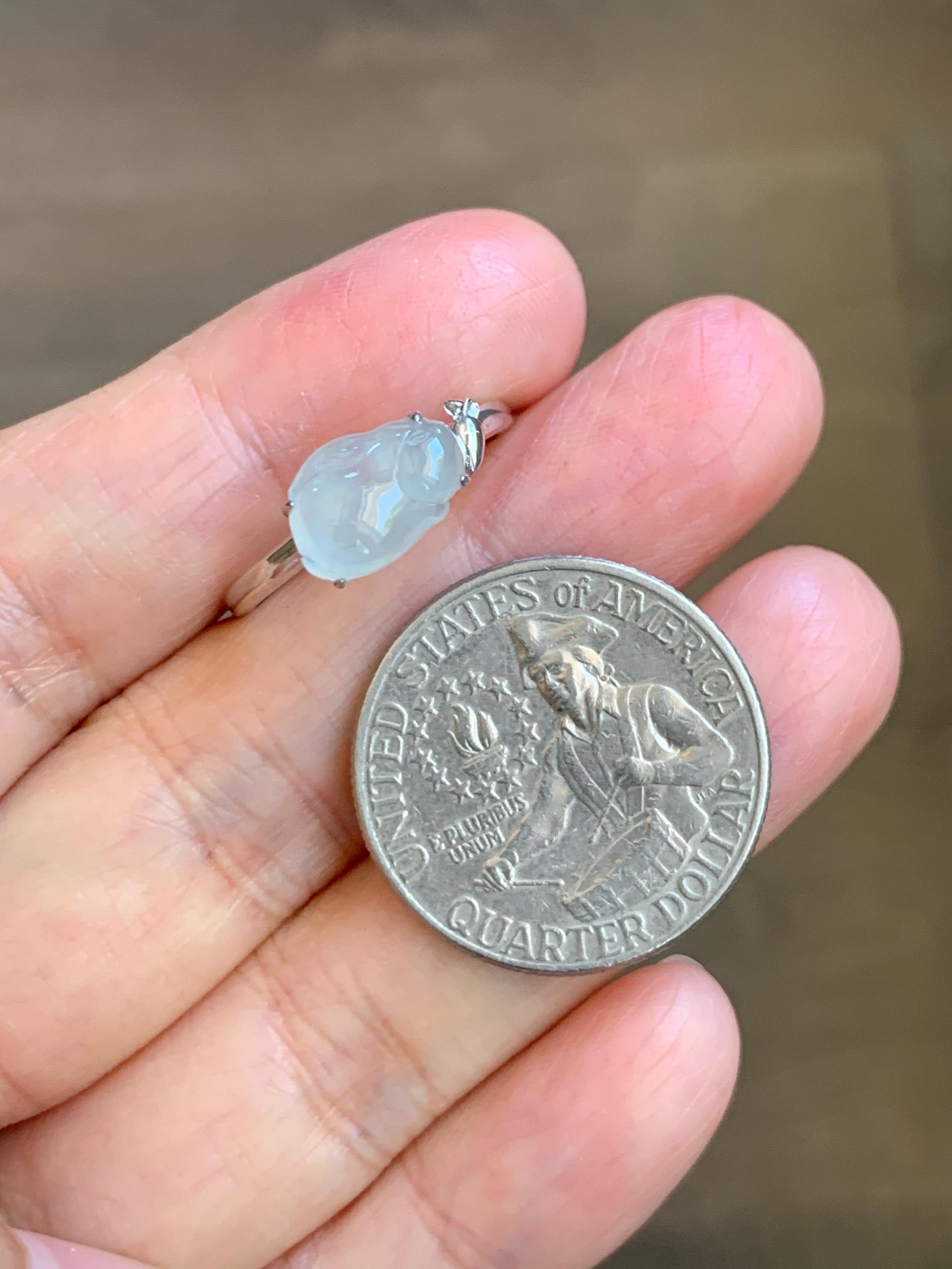 Certified Natural Grade A Icy Translucent White Jade Jadeite Carved Rabbit Carrot Ring Sterling Silver Size 7.25 US 天然白冰翡翠小兔胡萝卜银镶戒指 223