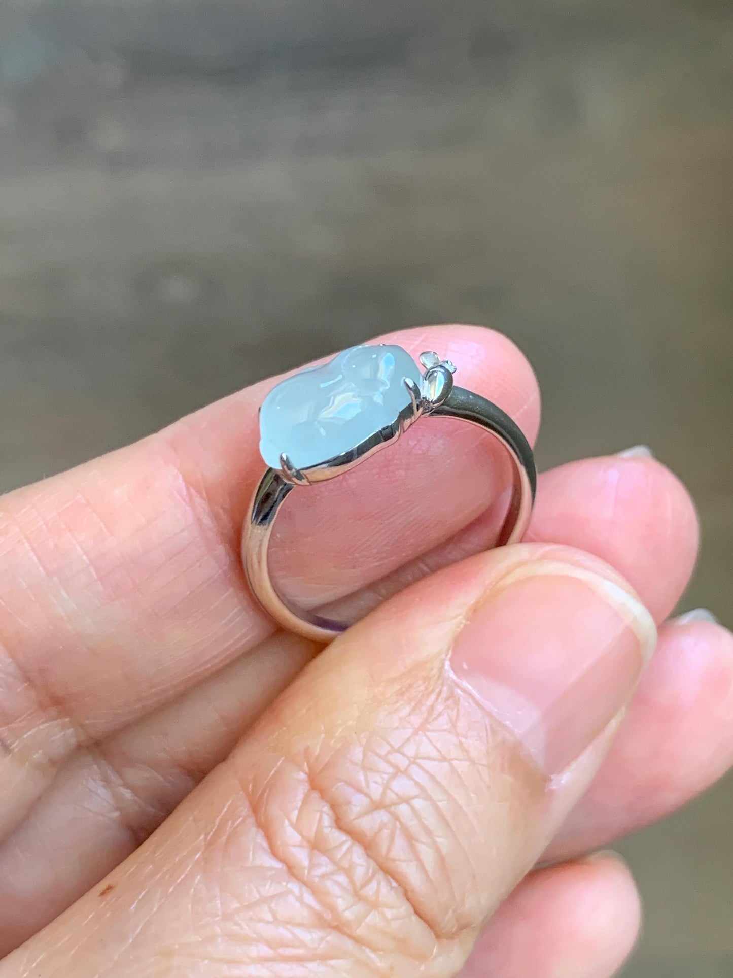 Certified Natural Grade A Icy Translucent White Jade Jadeite Carved Rabbit Carrot Ring Sterling Silver Size 7.25 US 天然白冰翡翠小兔胡萝卜银镶戒指 223