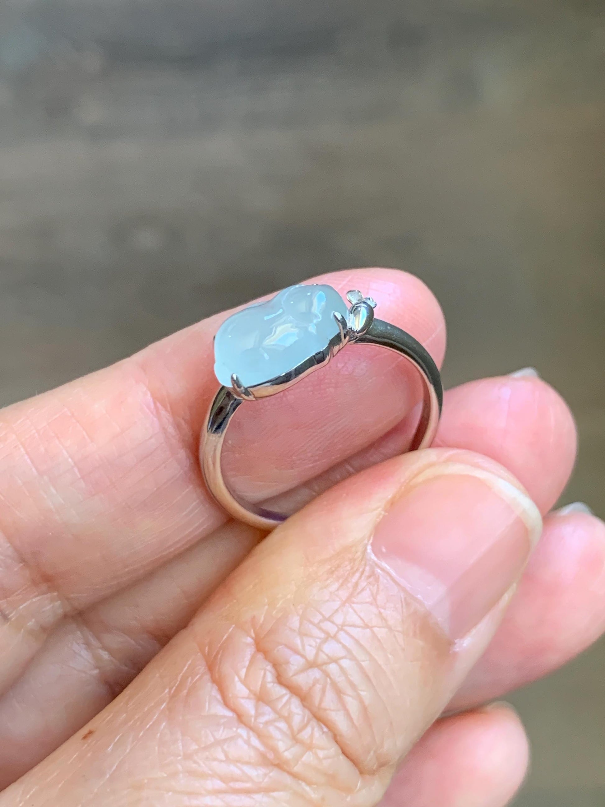 Certified Natural Grade A Icy Translucent White Jade Jadeite Carved Rabbit Carrot Ring Sterling Silver Size 7.25 US 天然白冰翡翠小兔胡萝卜银镶戒指 223