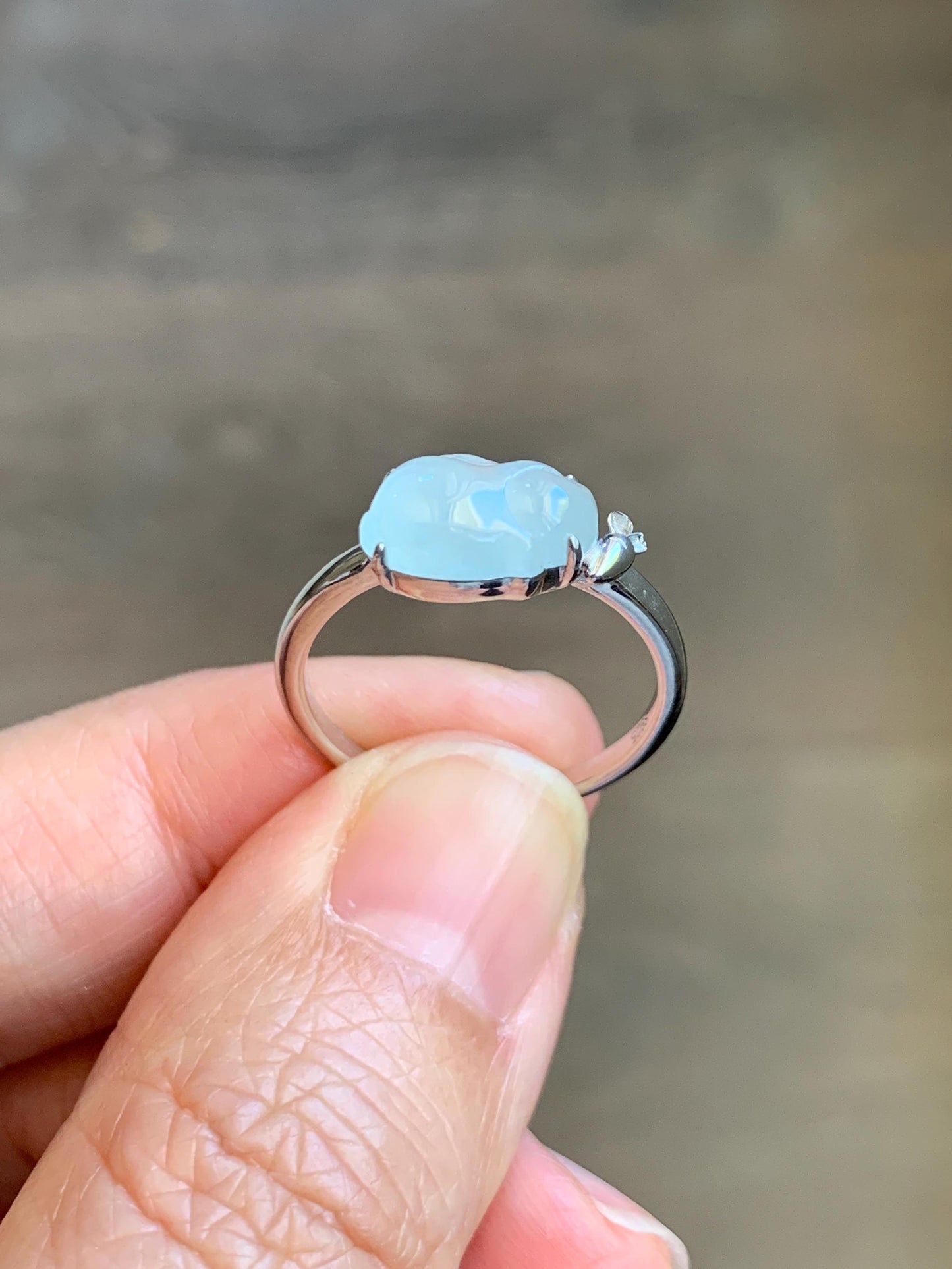 Certified Natural Grade A Icy Translucent White Jade Jadeite Carved Rabbit Carrot Ring Sterling Silver Size 7.25 US 天然白冰翡翠小兔胡萝卜银镶戒指 223