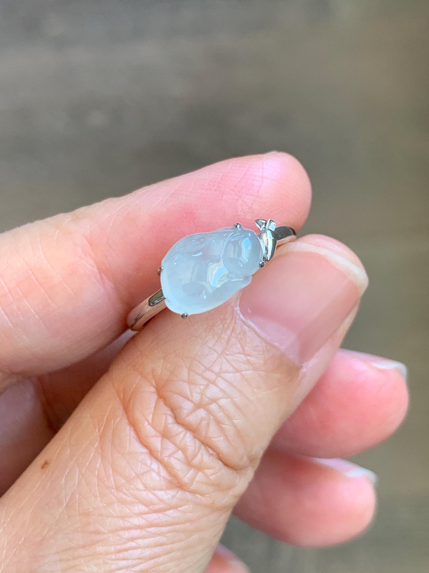 Certified Natural Grade A Icy Translucent White Jade Jadeite Carved Rabbit Carrot Ring Sterling Silver Size 7.25 US 天然白冰翡翠小兔胡萝卜银镶戒指 223