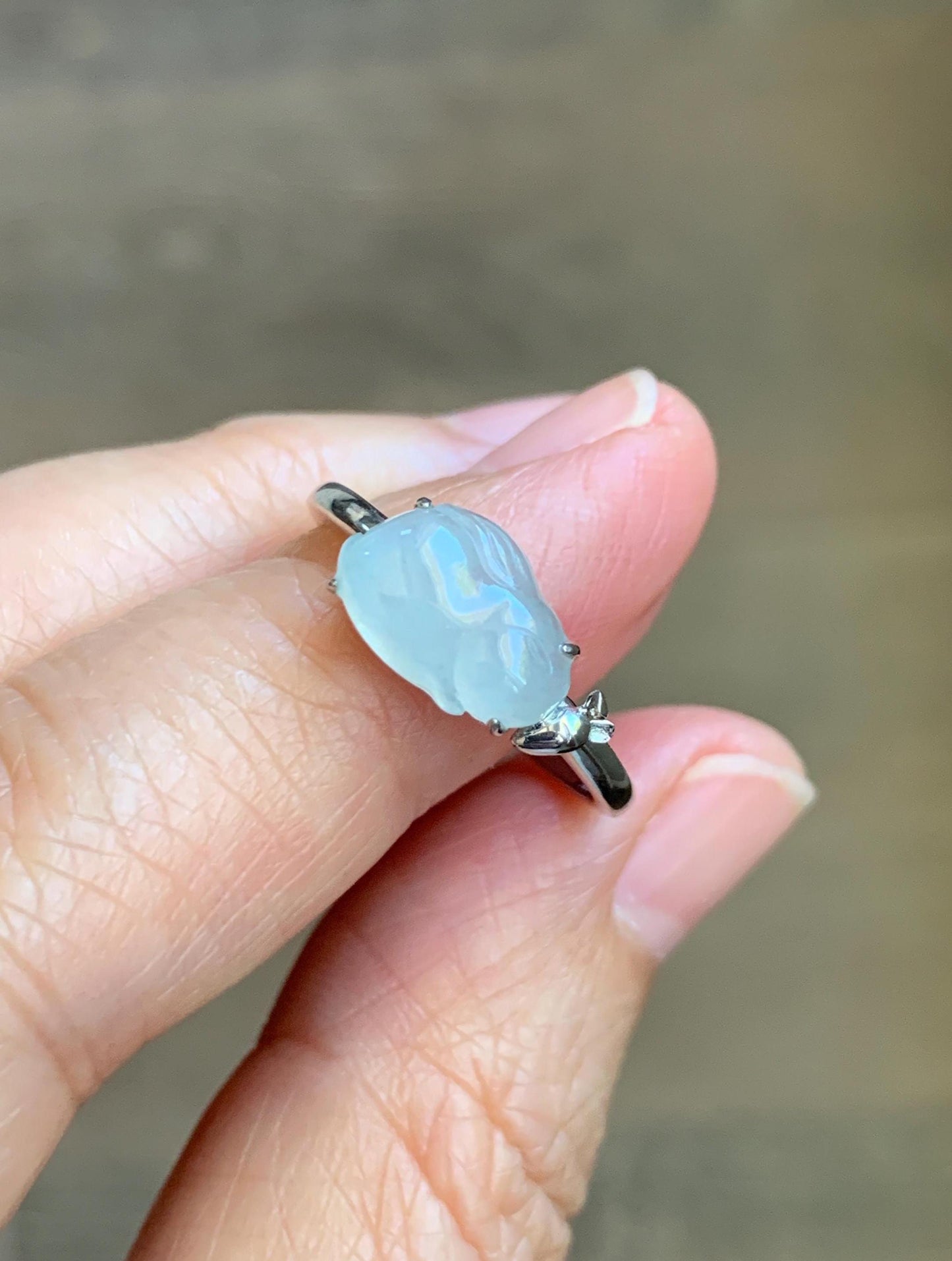 Certified Natural Grade A Icy Translucent White Jade Jadeite Carved Rabbit Carrot Ring Sterling Silver Size 7.25 US 天然白冰翡翠小兔胡萝卜银镶戒指 223