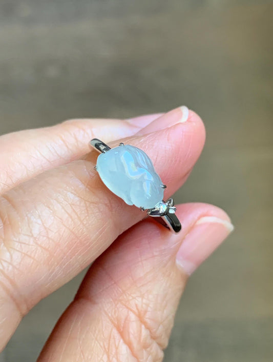 Certified Natural Grade A Icy Translucent White Jade Jadeite Carved Rabbit Carrot Ring Sterling Silver Size 7.25 US 天然白冰翡翠小兔胡萝卜银镶戒指 223
