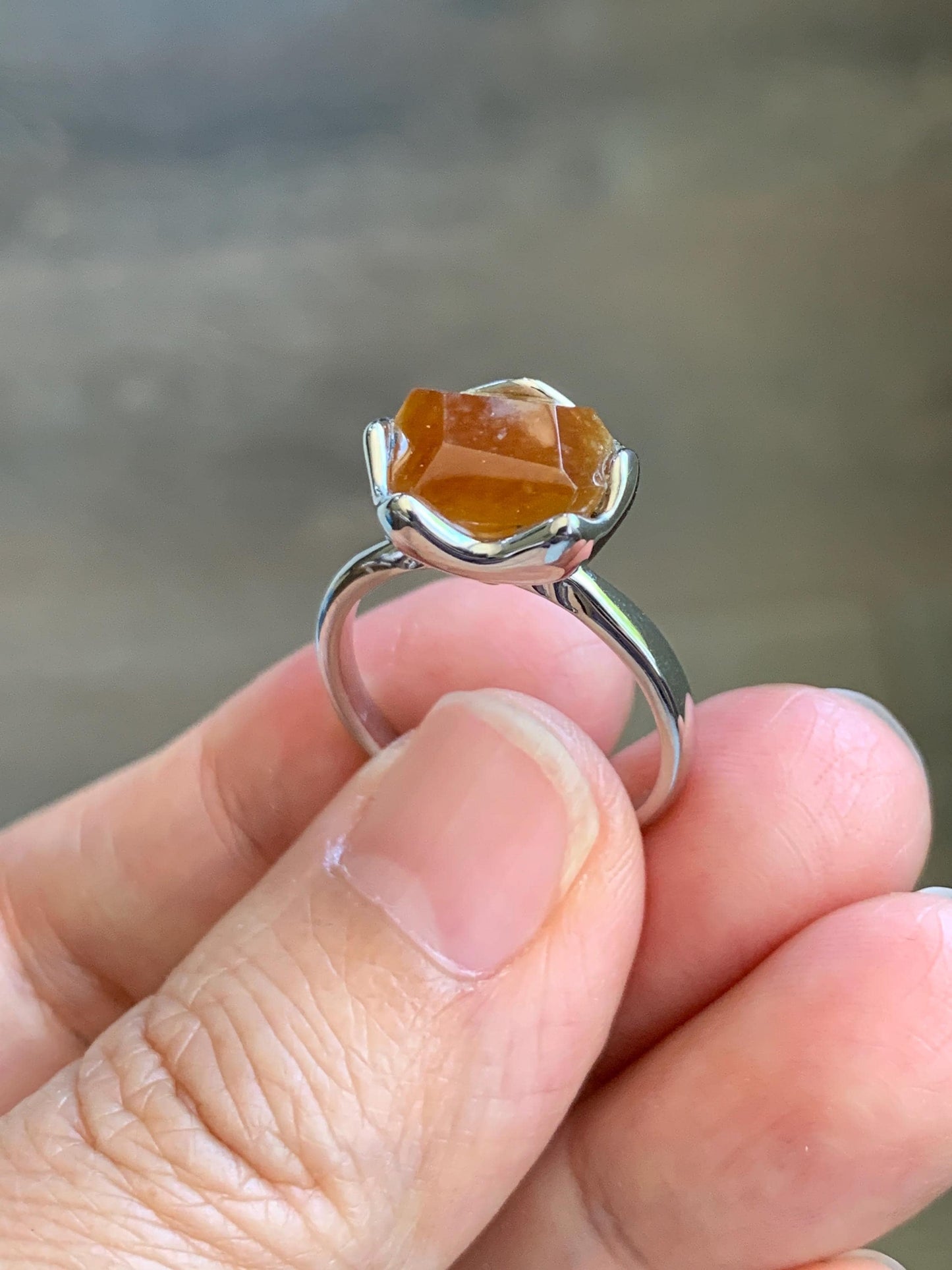 Certified Natural Grade A Icy Translucent Reddish Brown Faceted Jade Jadeite Solitaire Ring Sterling Silver Size 7.25 US 天然冰红翡翠银镶戒指 231