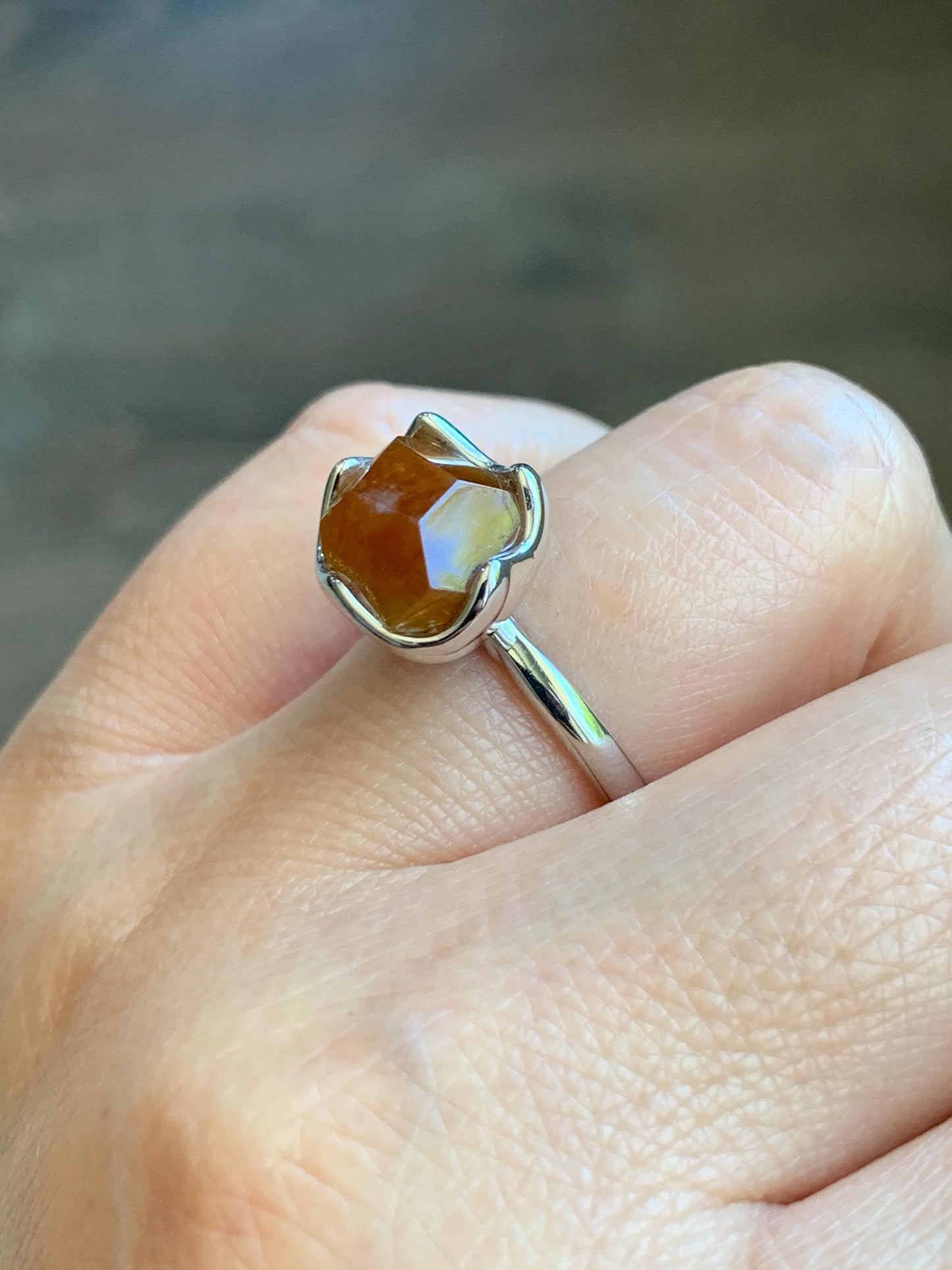 Certified Natural Grade A Icy Translucent Reddish Brown Faceted Jade Jadeite Solitaire Ring Sterling Silver Size 7.25 US 天然冰红翡翠银镶戒指 231