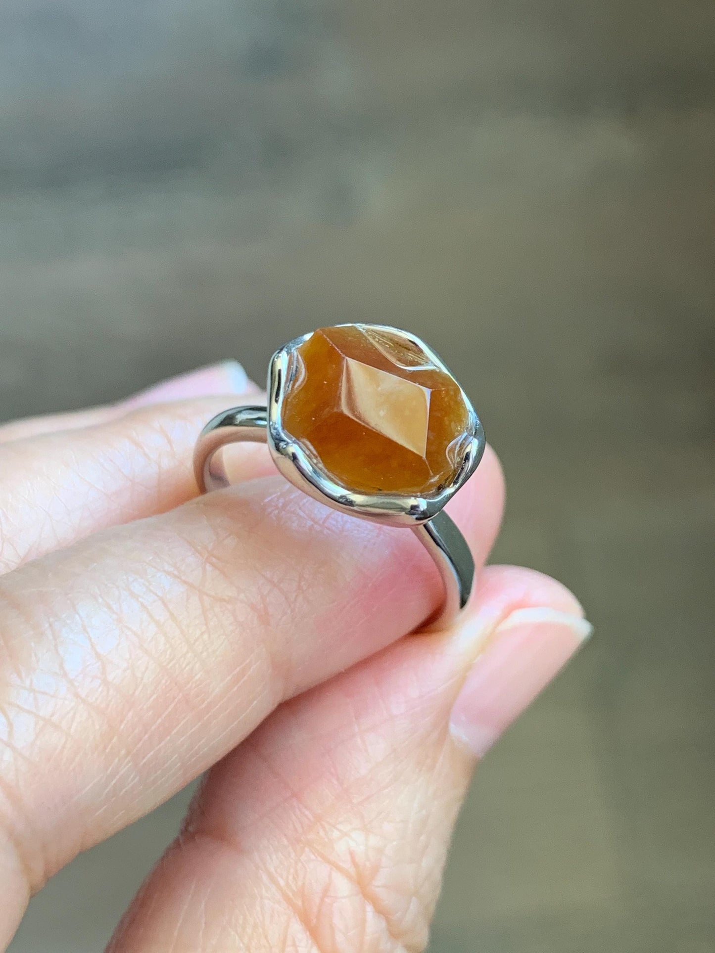 Certified Natural Grade A Icy Translucent Reddish Brown Faceted Jade Jadeite Solitaire Ring Sterling Silver Size 7.25 US 天然冰红翡翠银镶戒指 231