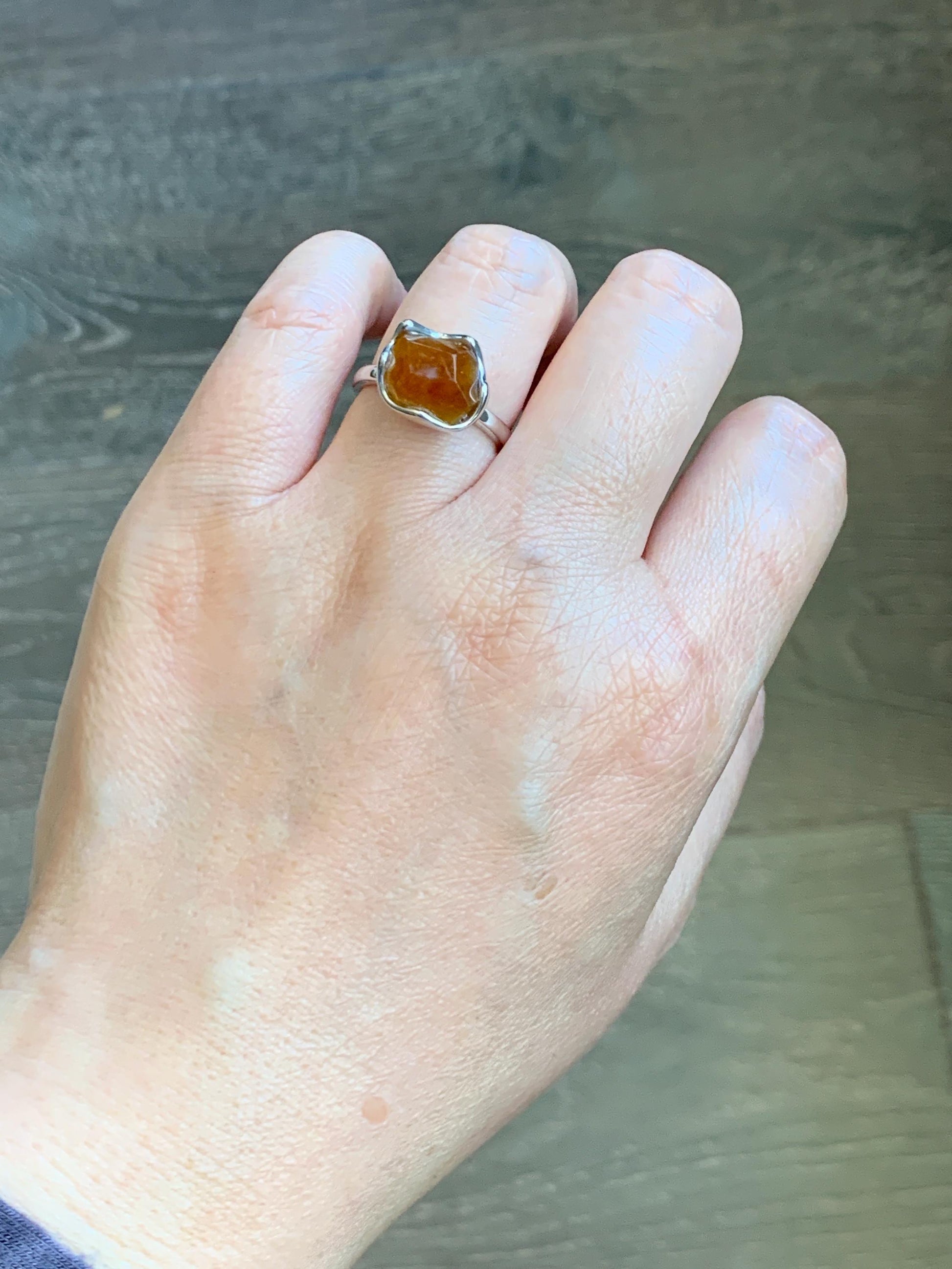 Certified Natural Grade A Icy Translucent Reddish Brown Faceted Jade Jadeite Solitaire Ring Sterling Silver Size 7.25 US 天然冰红翡翠银镶戒指 231