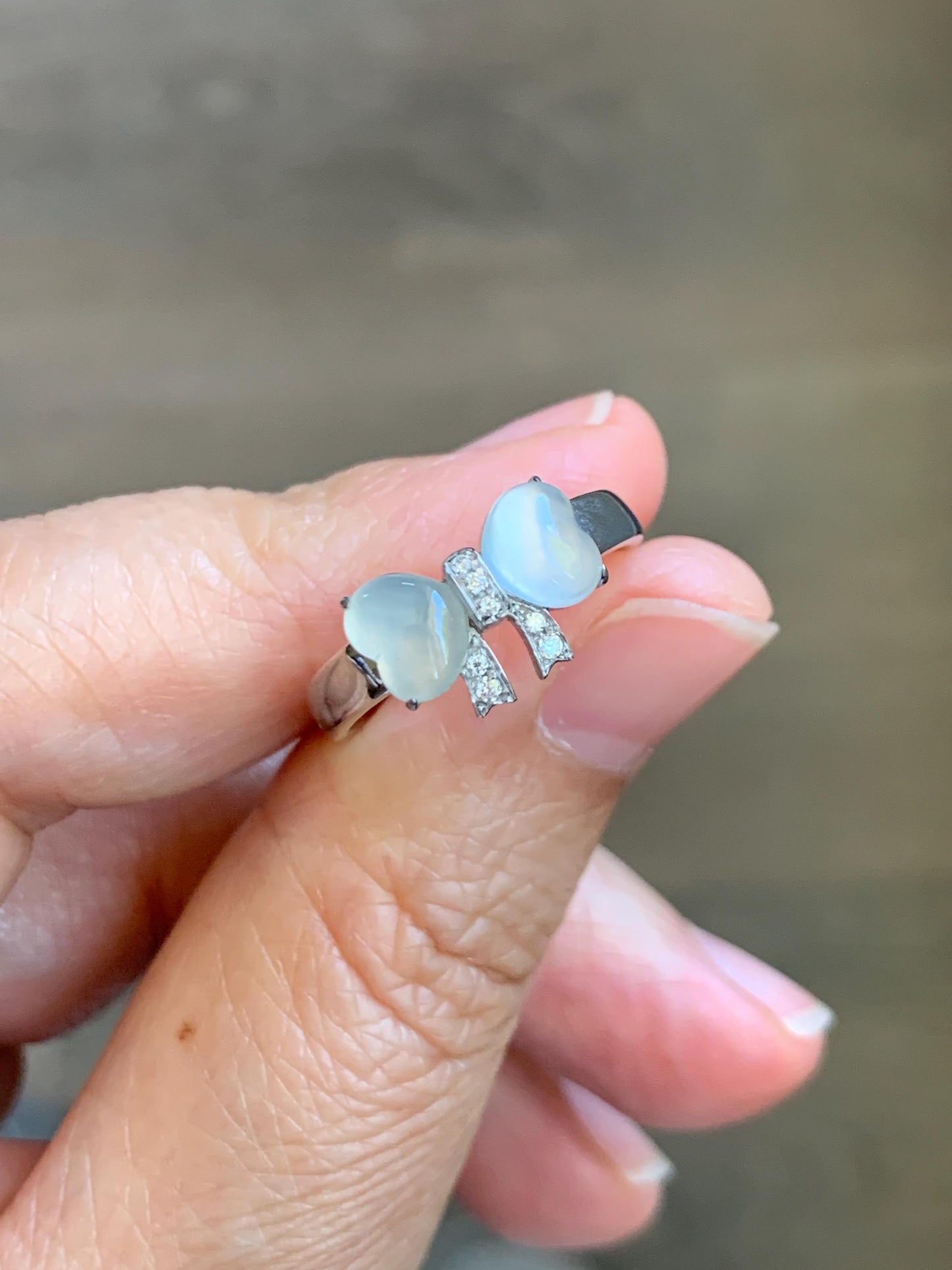 Certified Natural Grade A Icy Highly Translucent White Jade Jadeite Heart Bow Ring Sterling Silver Size 7 US 2.75g 天然白冰爱心翡翠蝴蝶结银镶戒指 228