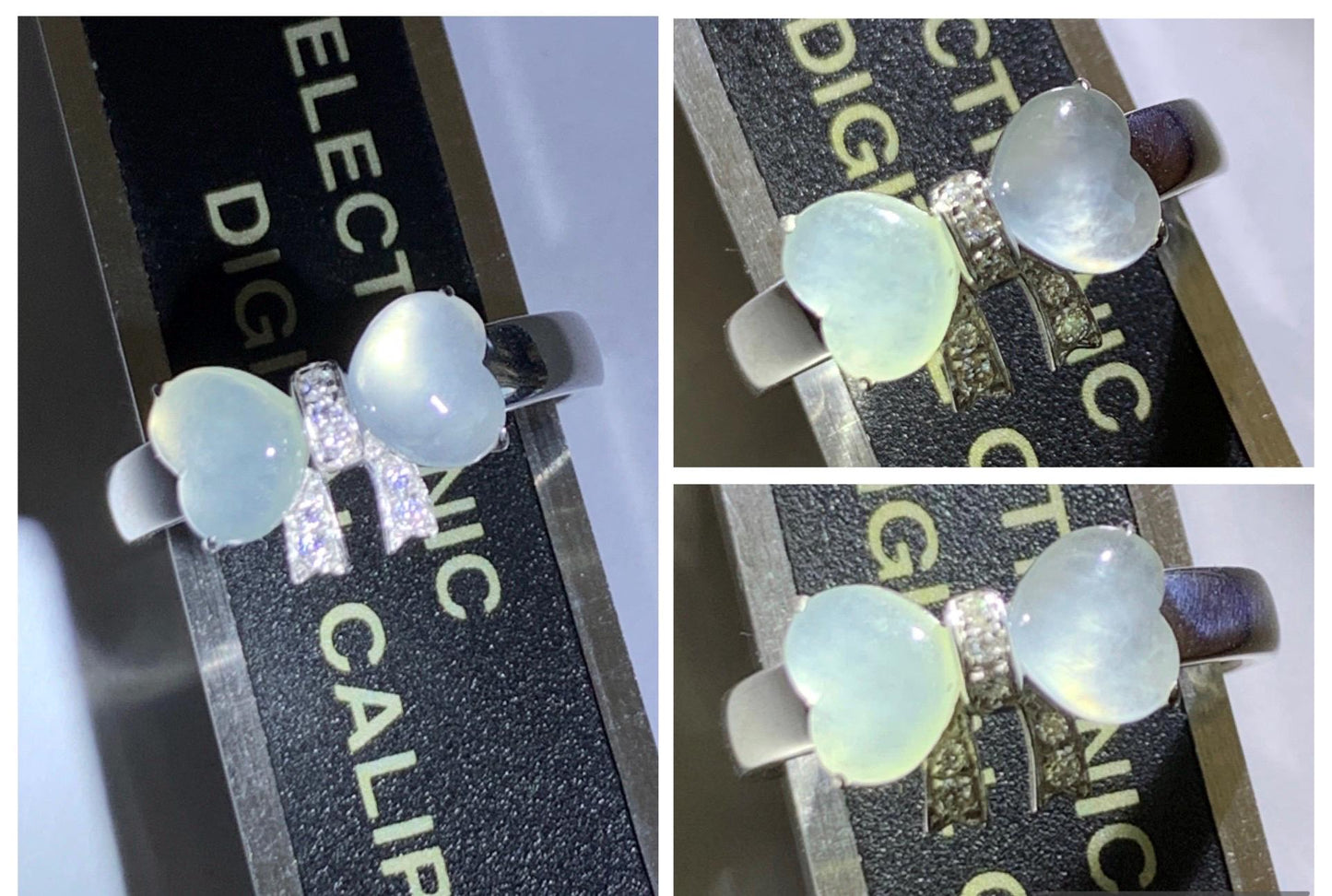 Certified Natural Grade A Icy Highly Translucent White Jade Jadeite Heart Bow Ring Sterling Silver Size 7 US 2.75g 天然白冰爱心翡翠蝴蝶结银镶戒指 228