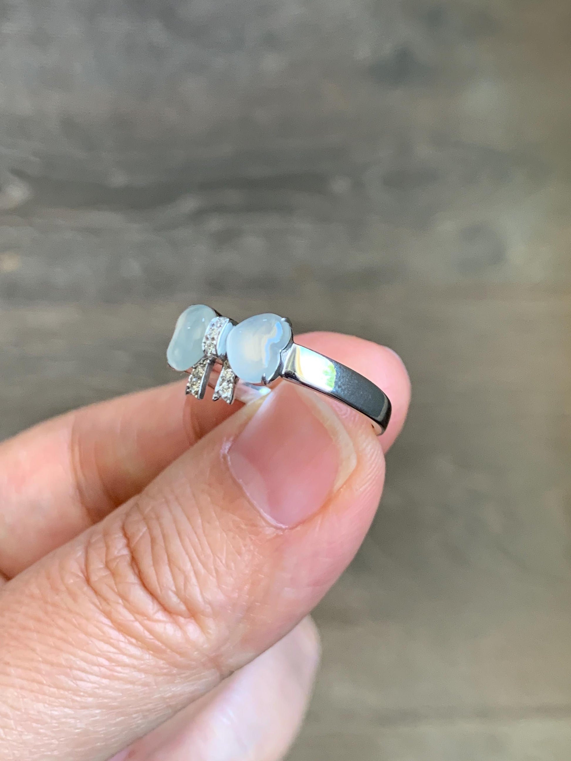 Certified Natural Grade A Icy Highly Translucent White Jade Jadeite Heart Bow Ring Sterling Silver Size 7 US 2.75g 天然白冰爱心翡翠蝴蝶结银镶戒指 228