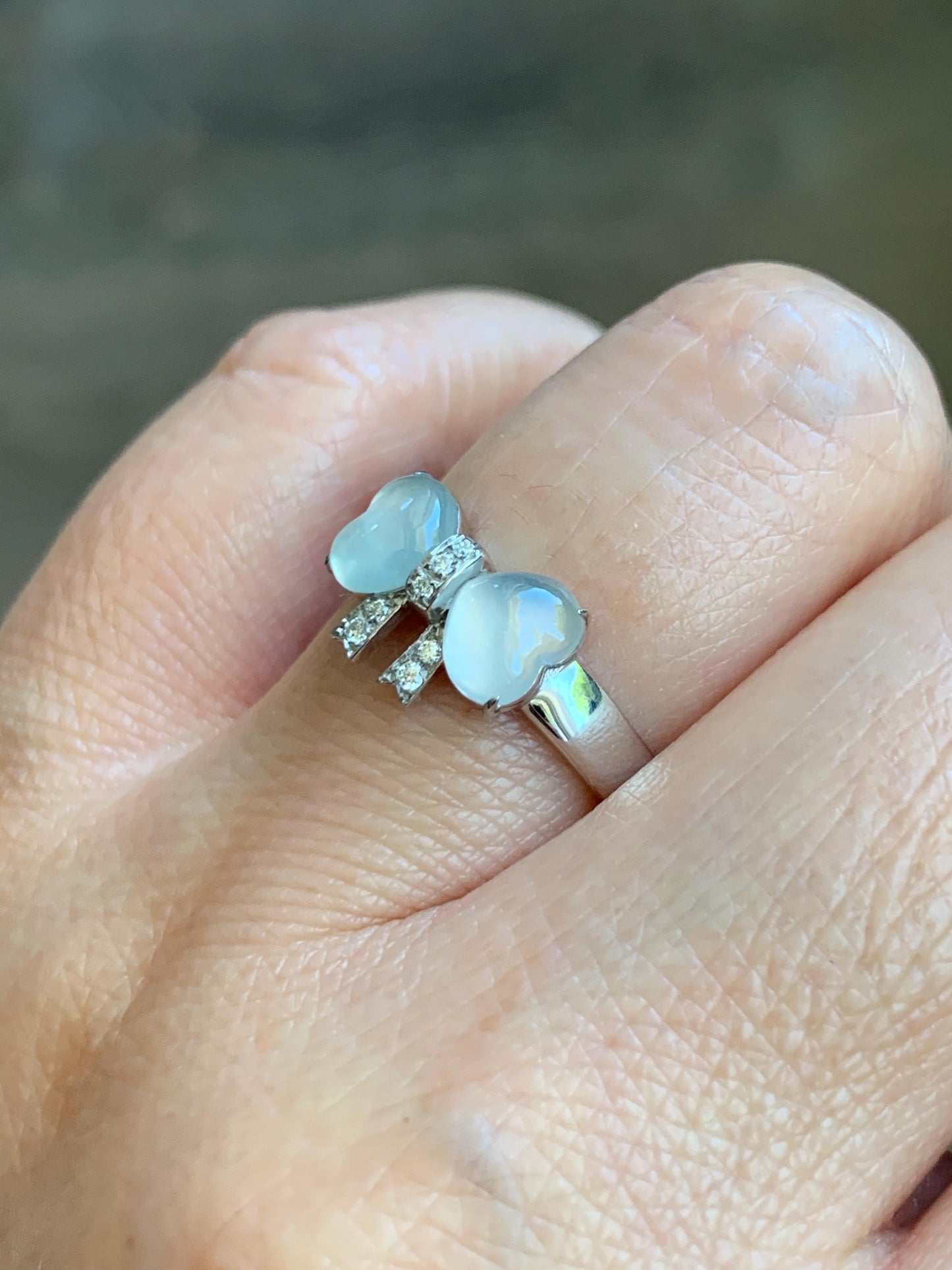 Certified Natural Grade A Icy Highly Translucent White Jade Jadeite Heart Bow Ring Sterling Silver Size 7 US 2.75g 天然白冰爱心翡翠蝴蝶结银镶戒指 228