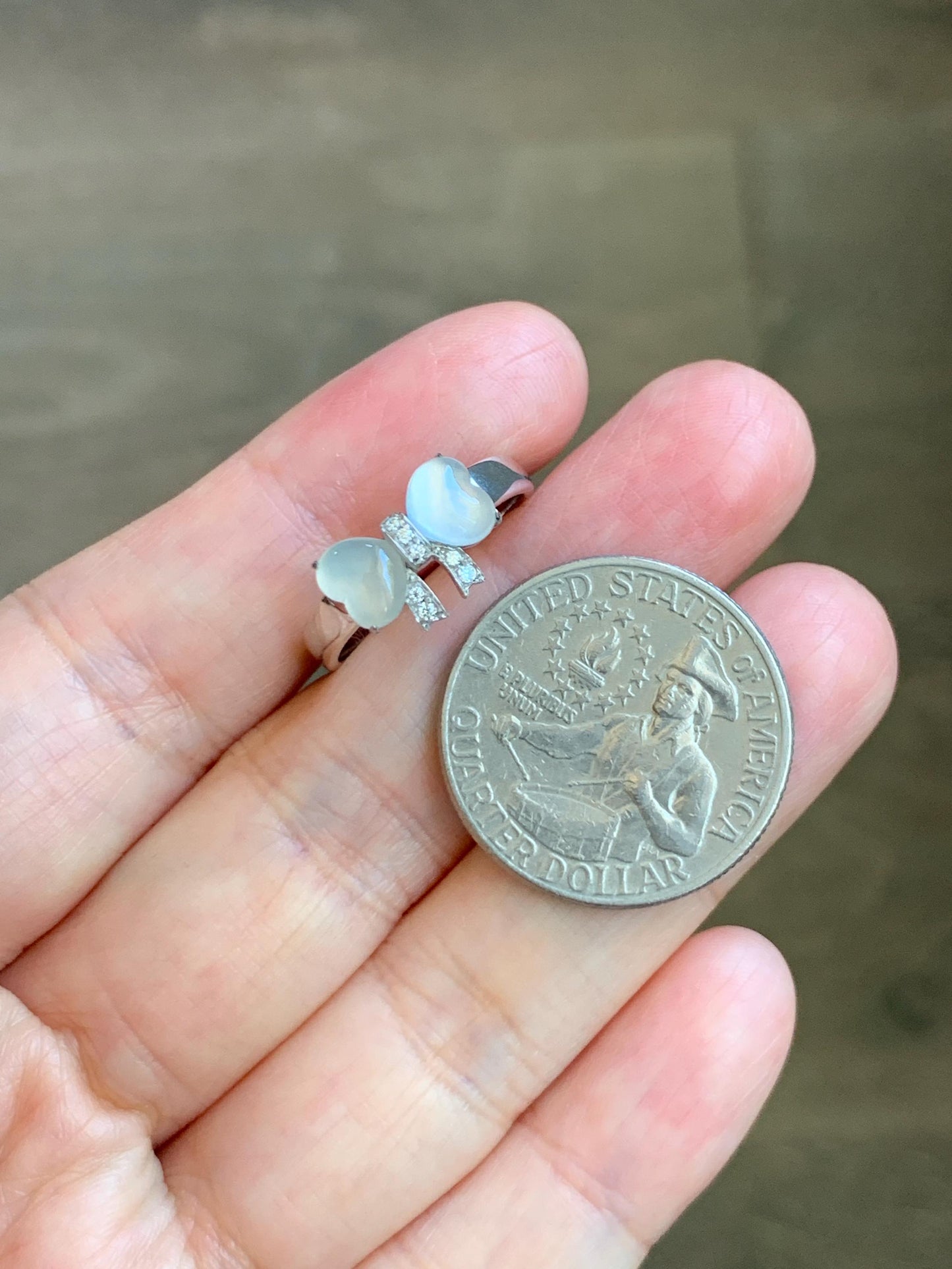 Certified Natural Grade A Icy Highly Translucent White Jade Jadeite Heart Bow Ring Sterling Silver Size 7 US 2.75g 天然白冰爱心翡翠蝴蝶结银镶戒指 228