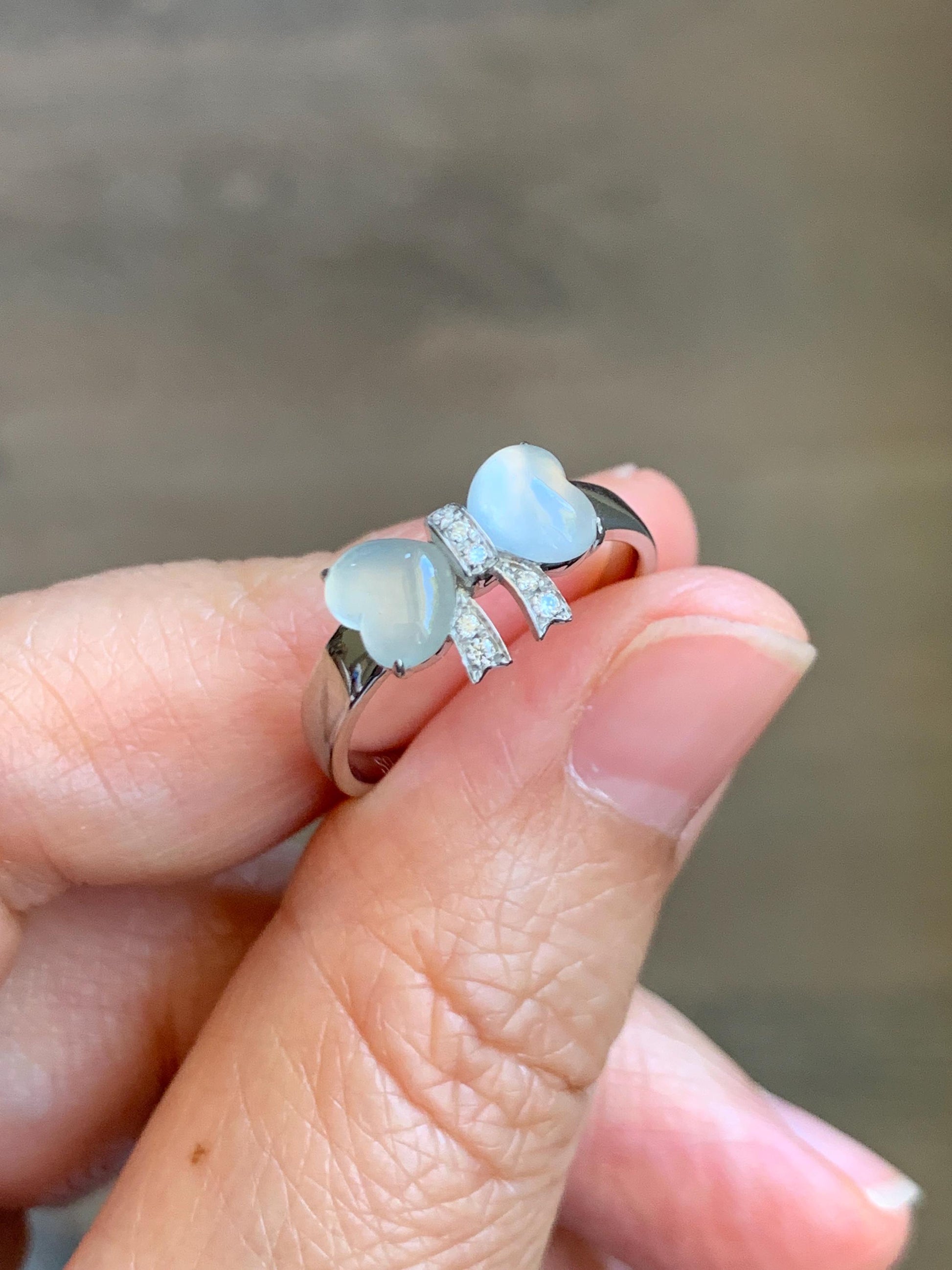 Certified Natural Grade A Icy Highly Translucent White Jade Jadeite Heart Bow Ring Sterling Silver Size 7 US 2.75g 天然白冰爱心翡翠蝴蝶结银镶戒指 228