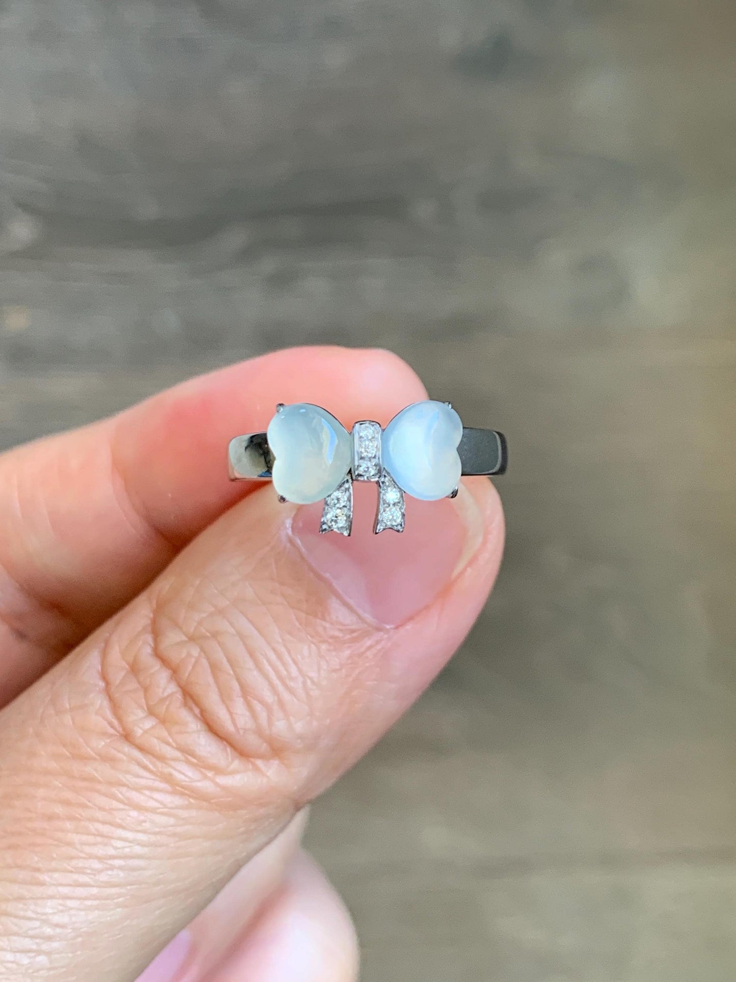 Certified Natural Grade A Icy Highly Translucent White Jade Jadeite Heart Bow Ring Sterling Silver Size 7 US 2.75g 天然白冰爱心翡翠蝴蝶结银镶戒指 228