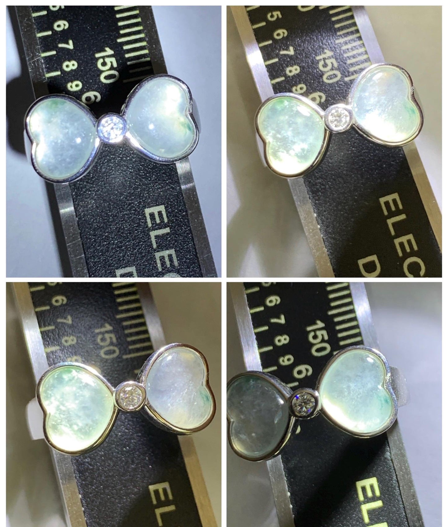 Certified Natural Grade A Icy Highly Translucent White Jade Jadeite Heart Bow Ring Sterling Silver Size 7.25 US 4.2g 天然白冰爱心翡翠蝴蝶结银镶戒指 233