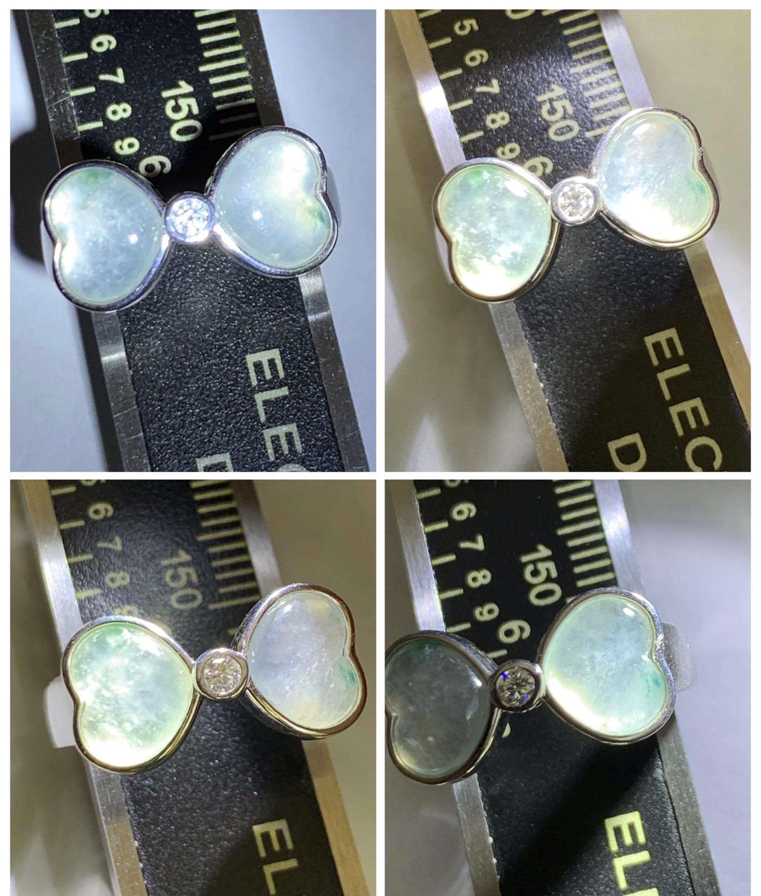 Certified Natural Grade A Icy Highly Translucent White Jade Jadeite Heart Bow Ring Sterling Silver Size 7.25 US 4.2g 天然白冰爱心翡翠蝴蝶结银镶戒指 233