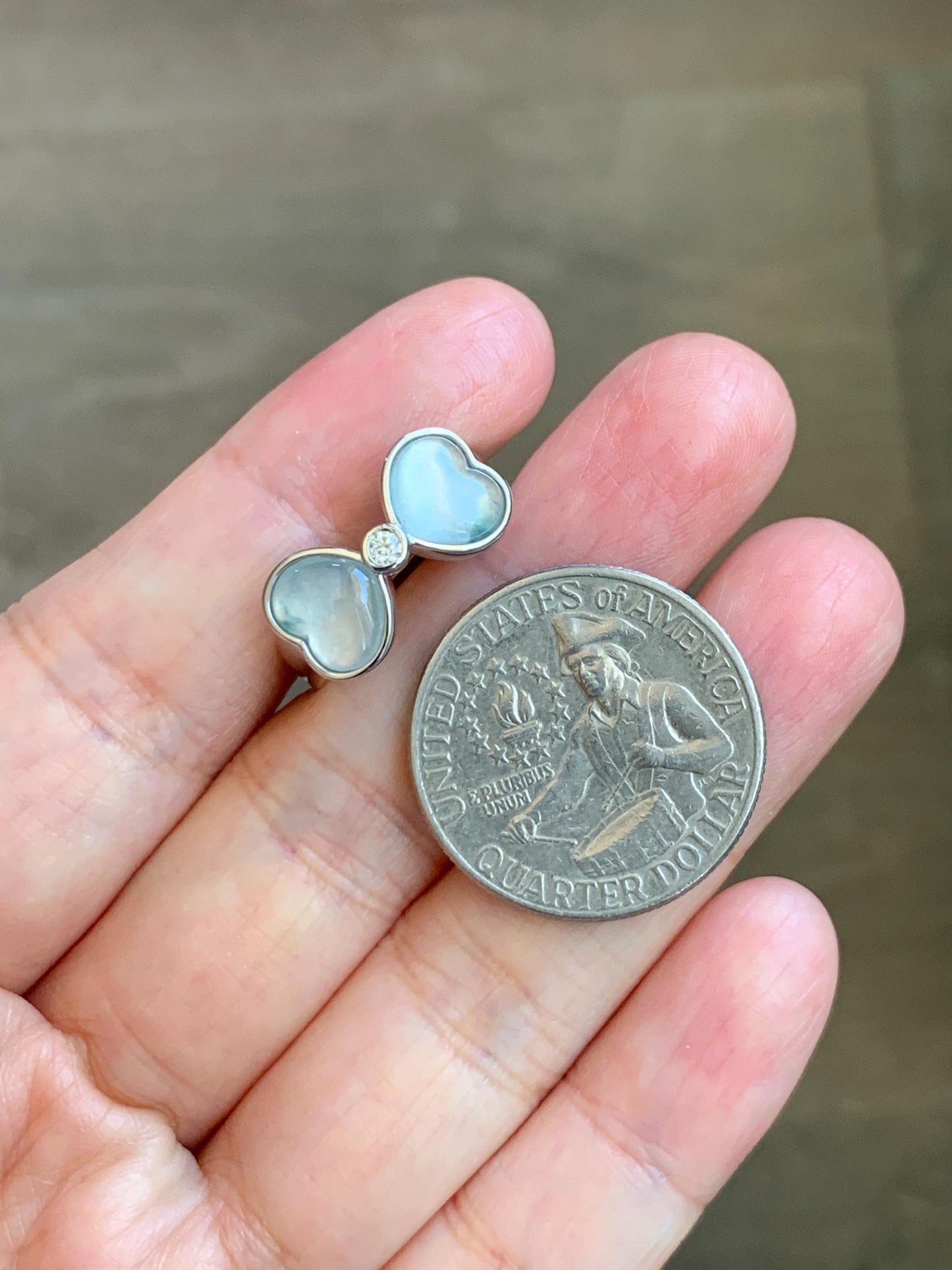 Certified Natural Grade A Icy Highly Translucent White Jade Jadeite Heart Bow Ring Sterling Silver Size 7.25 US 4.2g 天然白冰爱心翡翠蝴蝶结银镶戒指 233