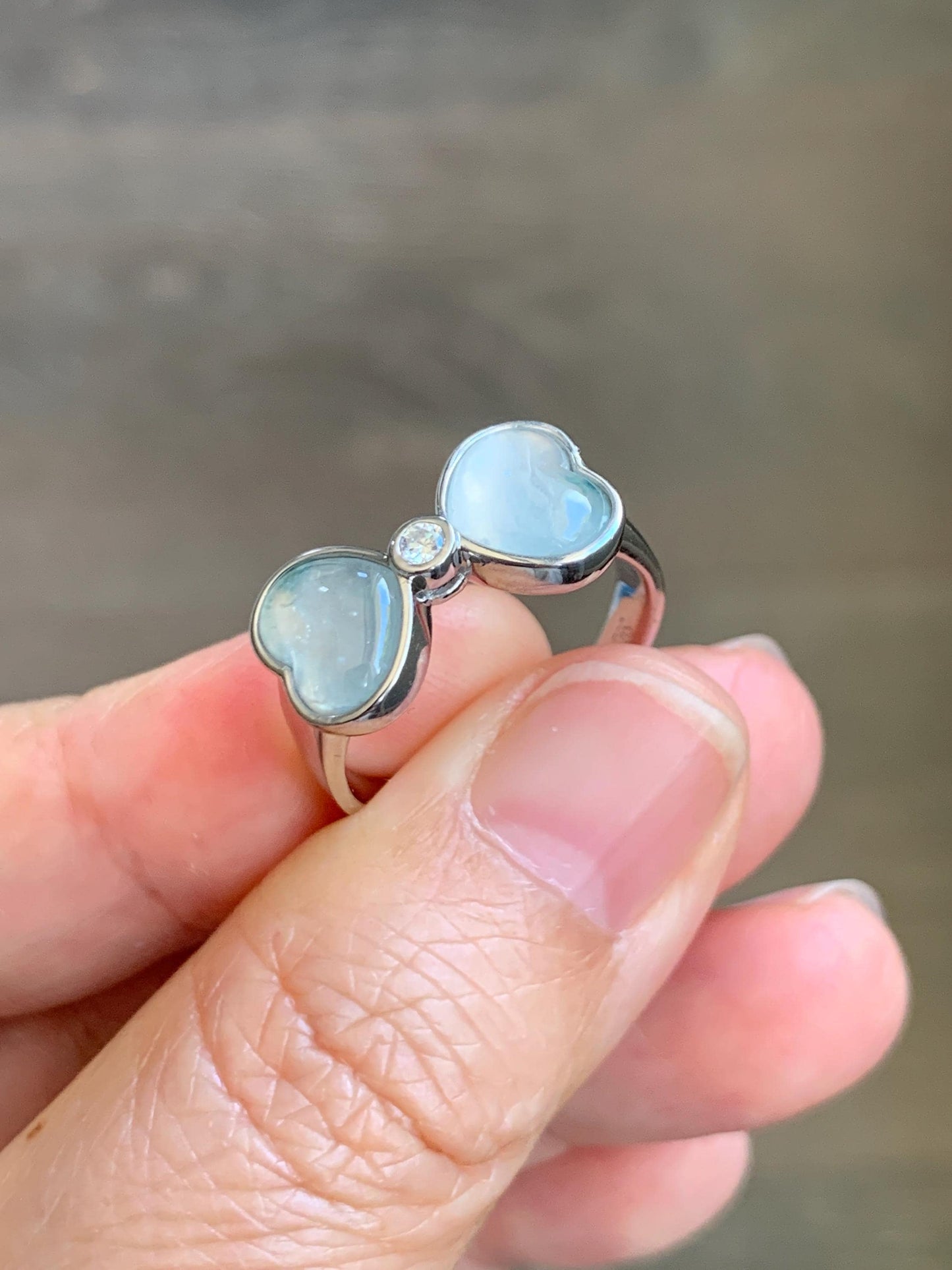 Certified Natural Grade A Icy Highly Translucent White Jade Jadeite Heart Bow Ring Sterling Silver Size 7.25 US 4.2g 天然白冰爱心翡翠蝴蝶结银镶戒指 233