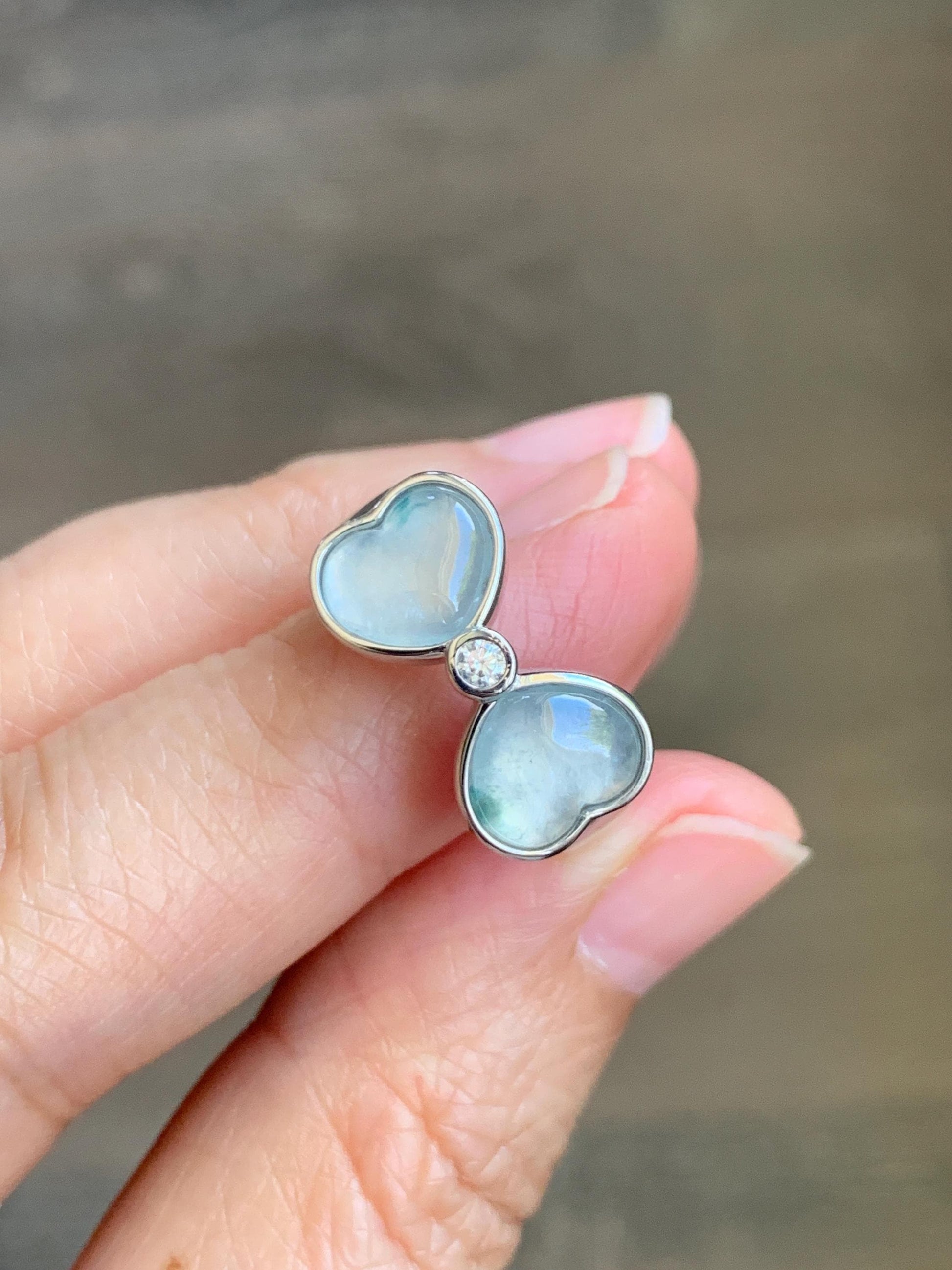 Certified Natural Grade A Icy Highly Translucent White Jade Jadeite Heart Bow Ring Sterling Silver Size 7.25 US 4.2g 天然白冰爱心翡翠蝴蝶结银镶戒指 233