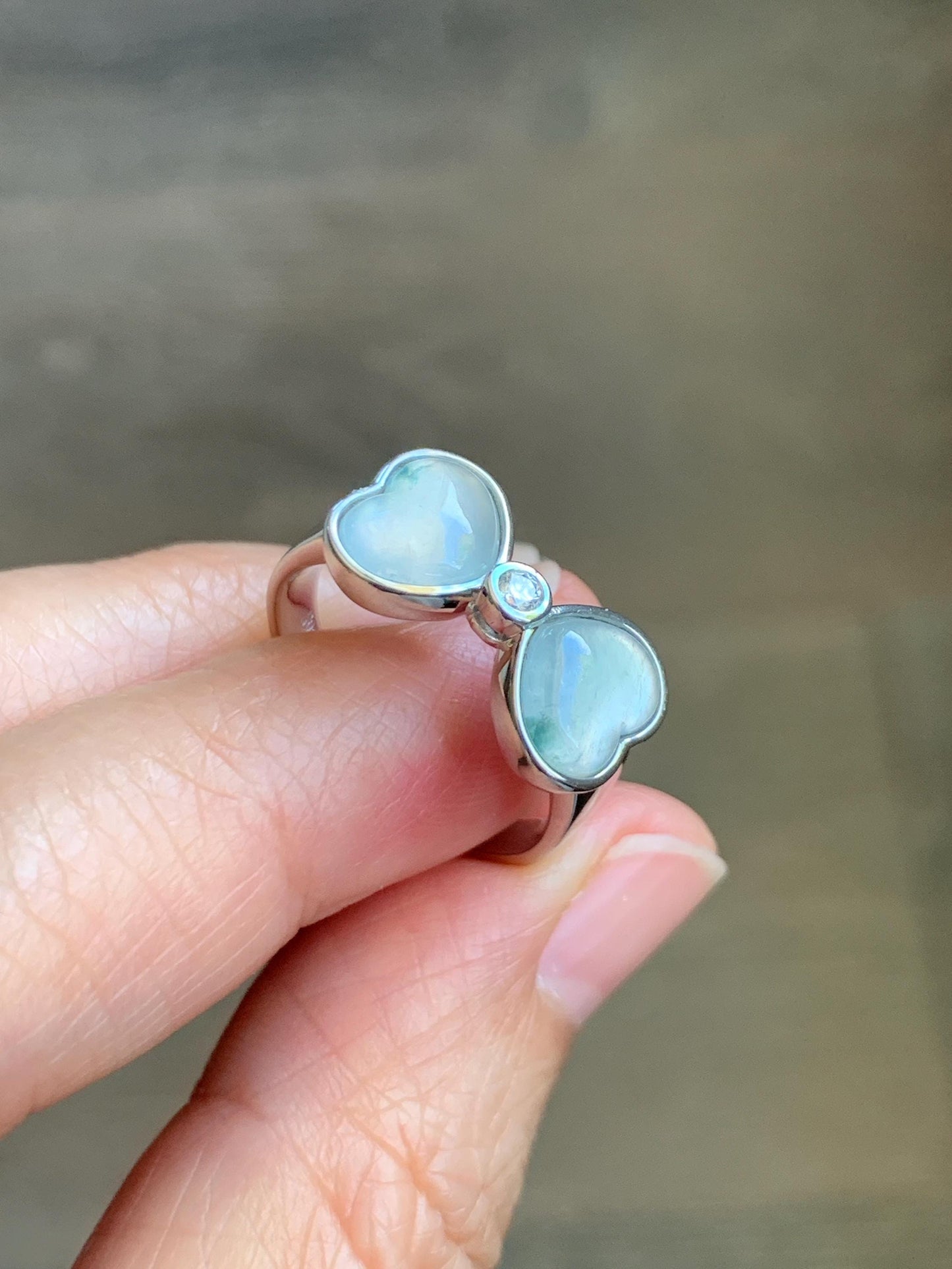 Certified Natural Grade A Icy Highly Translucent White Jade Jadeite Heart Bow Ring Sterling Silver Size 7.25 US 4.2g 天然白冰爱心翡翠蝴蝶结银镶戒指 233