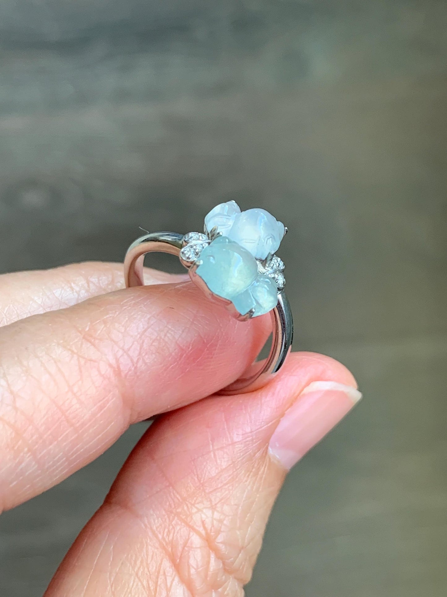 Certified Natural Grade A Icy Highly Translucent White Jade Jadeite Goldfish Bypass Ring Sterling Silver Size 7.25 US 3.15g 天然白晴冰翡翠金鱼银镶戒指224