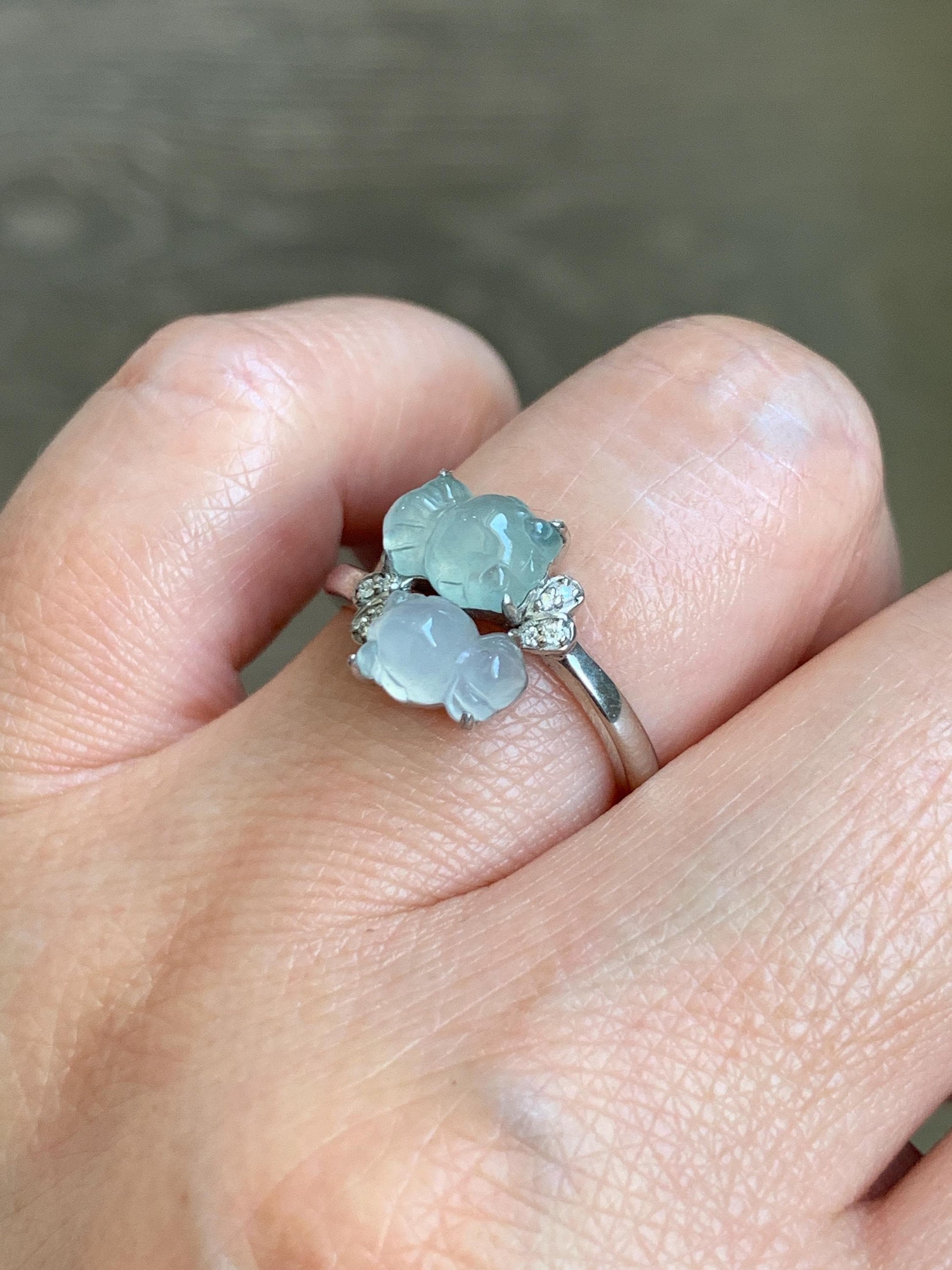 Certified Natural Grade A Icy Highly Translucent White Jade Jadeite Goldfish Bypass Ring Sterling Silver Size 7.25 US 3.15g 天然白晴冰翡翠金鱼银镶戒指224