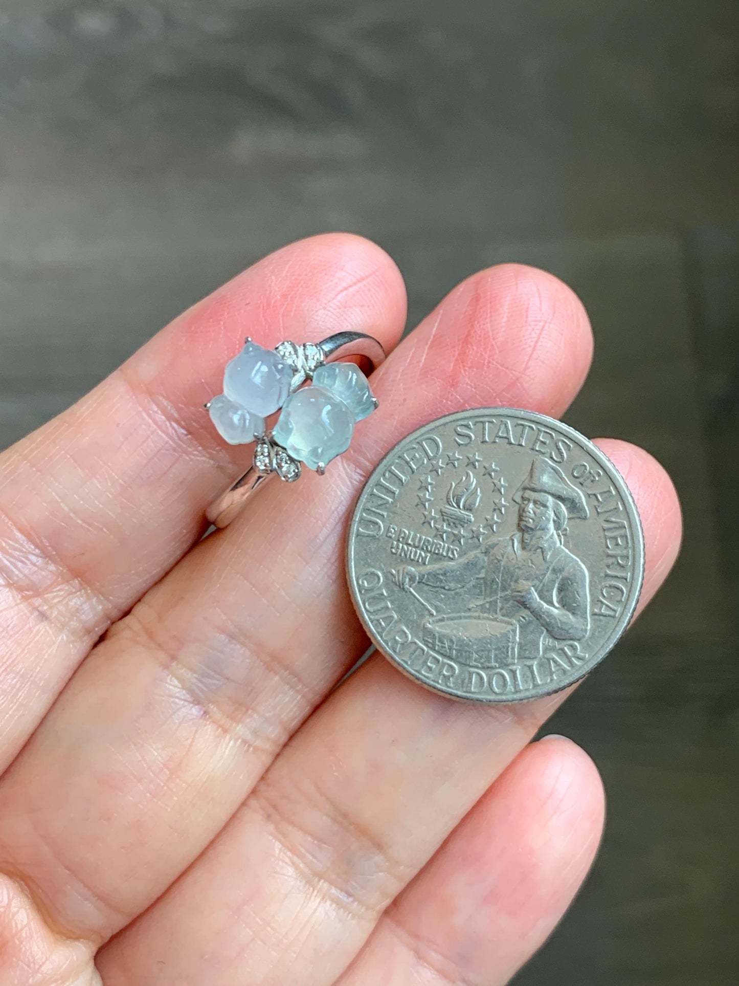 Certified Natural Grade A Icy Highly Translucent White Jade Jadeite Goldfish Bypass Ring Sterling Silver Size 7.25 US 3.15g 天然白晴冰翡翠金鱼银镶戒指224