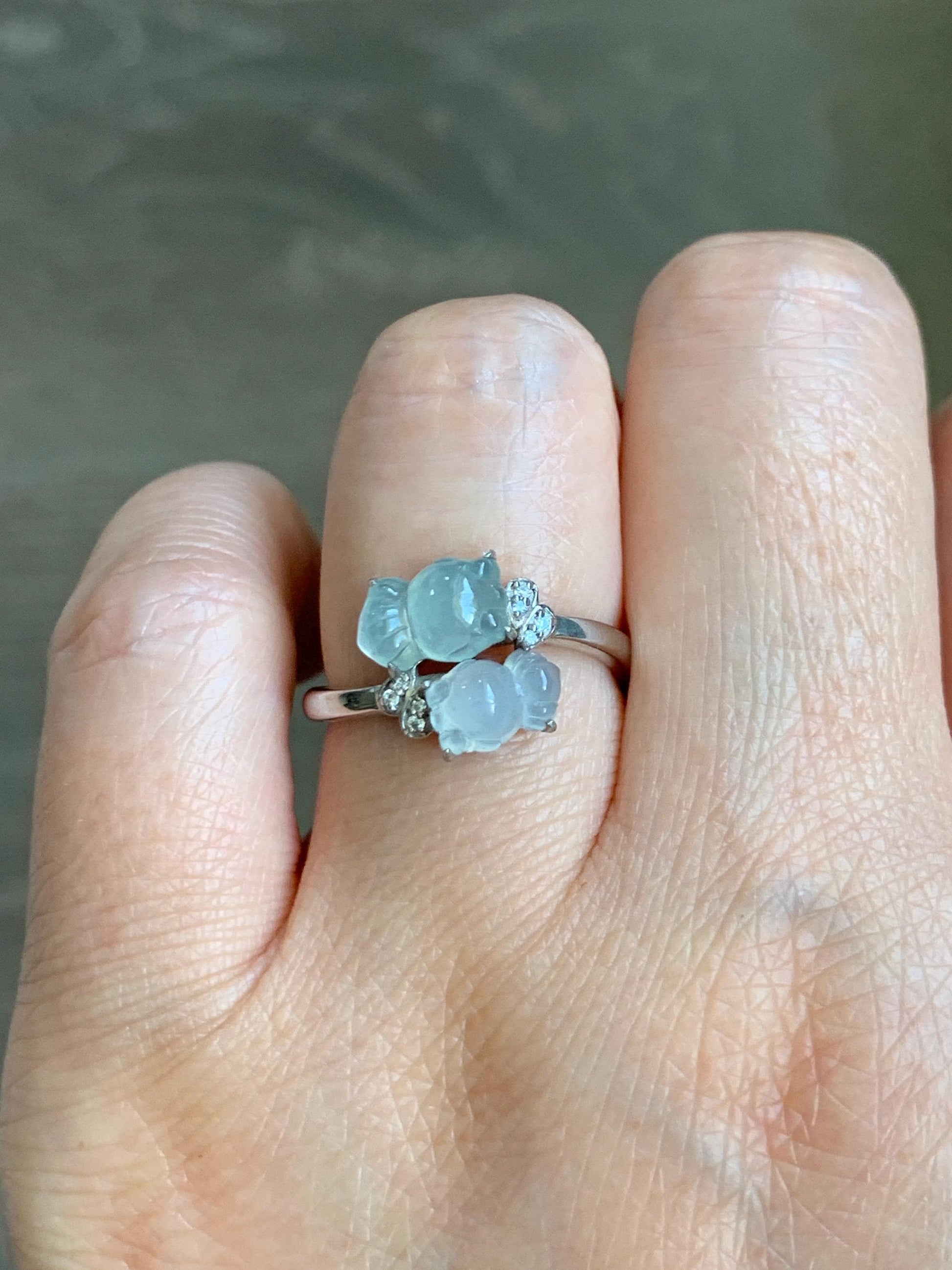 Certified Natural Grade A Icy Highly Translucent White Jade Jadeite Goldfish Bypass Ring Sterling Silver Size 7.25 US 3.15g 天然白晴冰翡翠金鱼银镶戒指224