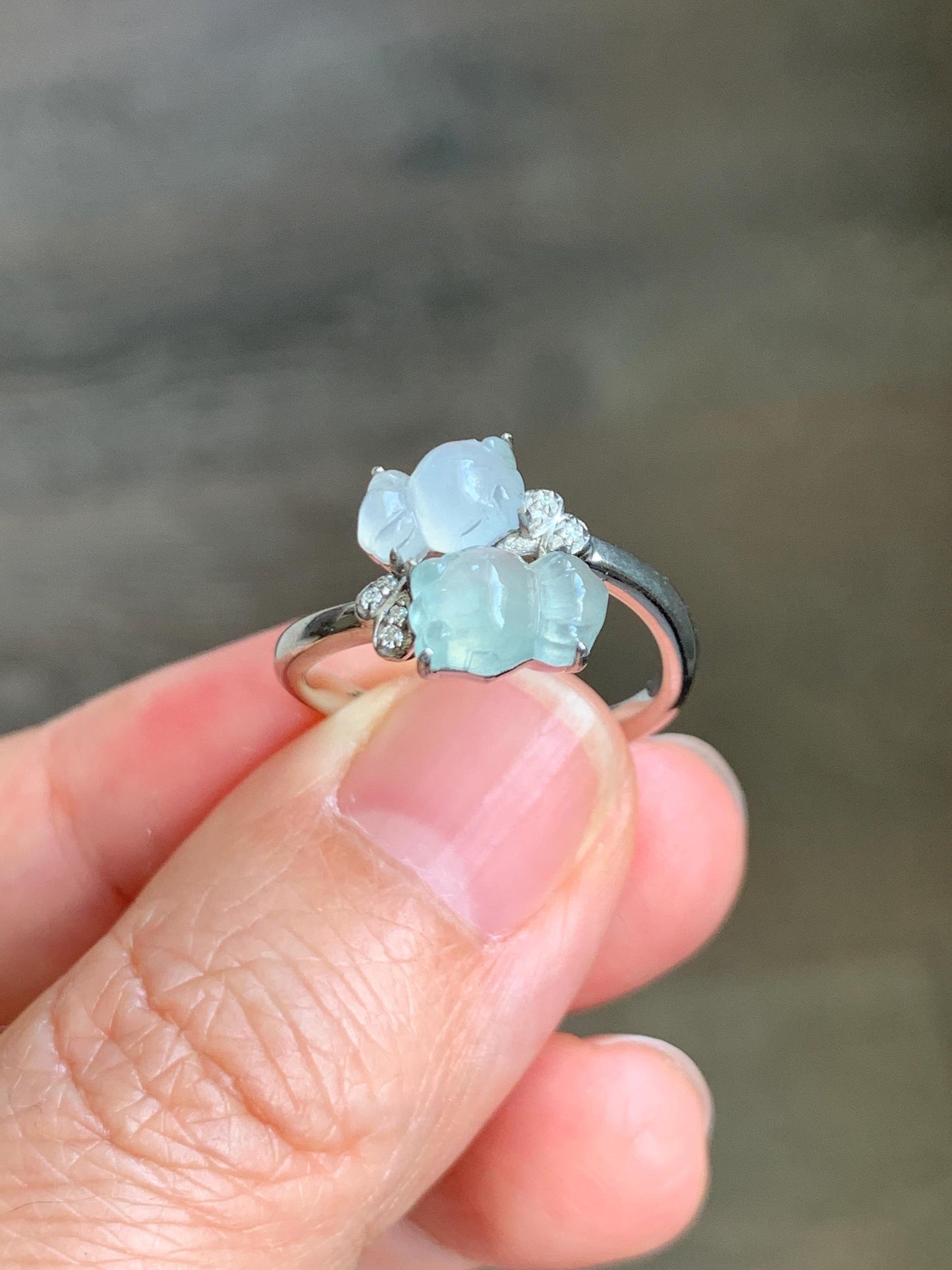 Certified Natural Grade A Icy Highly Translucent White Jade Jadeite Goldfish Bypass Ring Sterling Silver Size 7.25 US 3.15g 天然白晴冰翡翠金鱼银镶戒指224