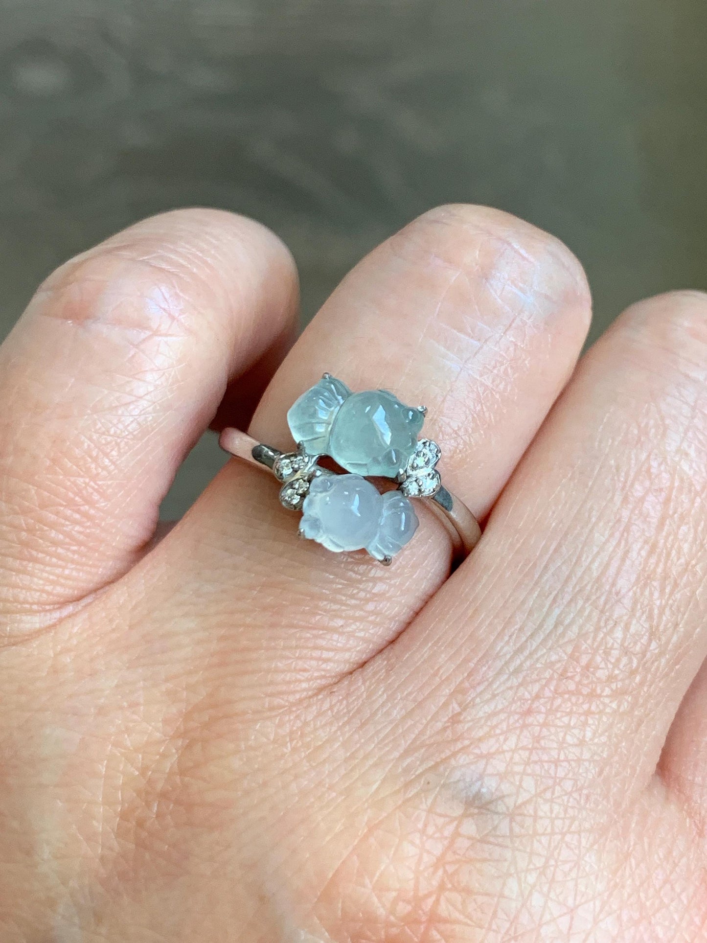 Certified Natural Grade A Icy Highly Translucent White Jade Jadeite Goldfish Bypass Ring Sterling Silver Size 7.25 US 3.15g 天然白晴冰翡翠金鱼银镶戒指224