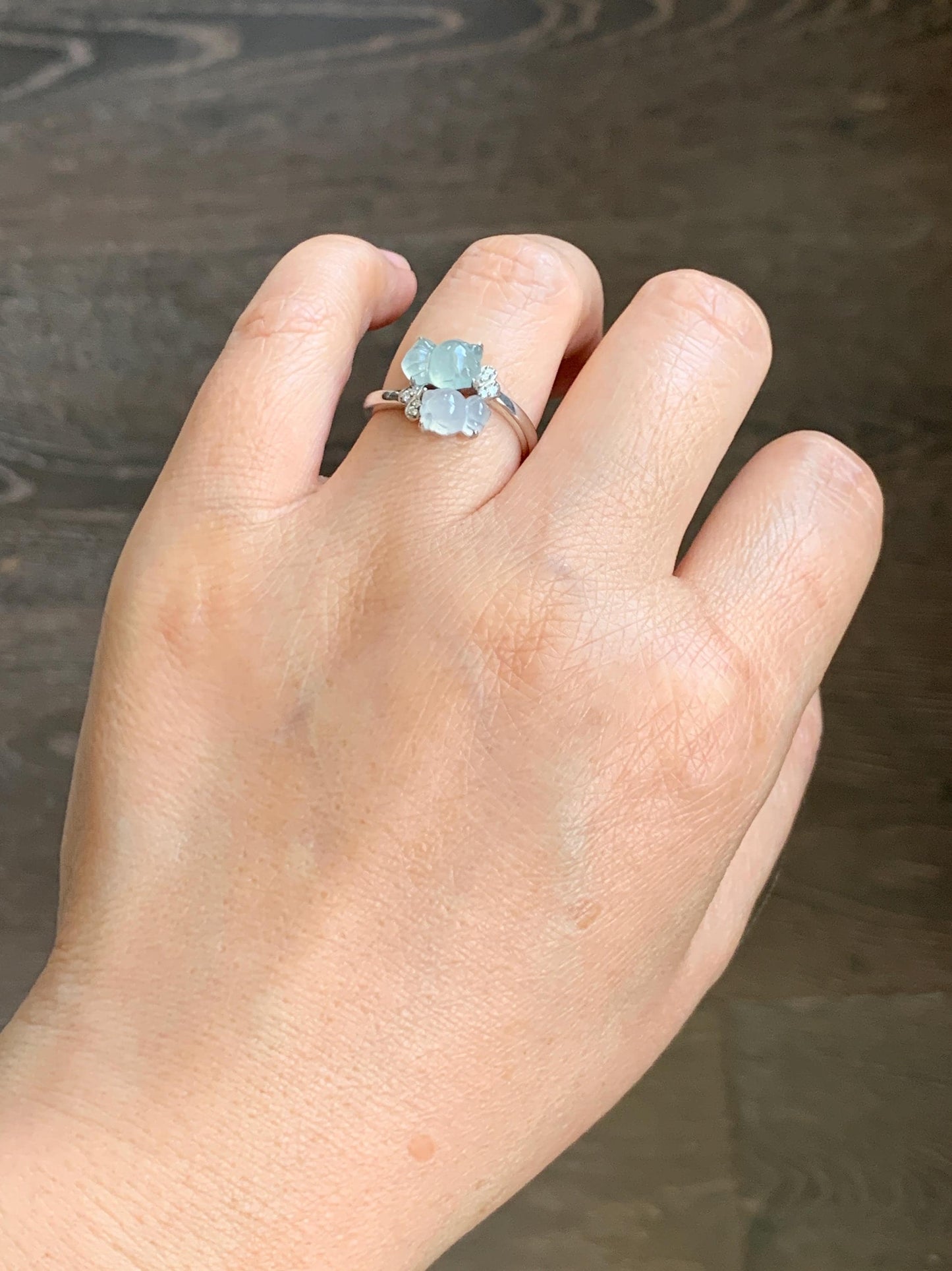 Certified Natural Grade A Icy Highly Translucent White Jade Jadeite Goldfish Bypass Ring Sterling Silver Size 7.25 US 3.15g 天然白晴冰翡翠金鱼银镶戒指224