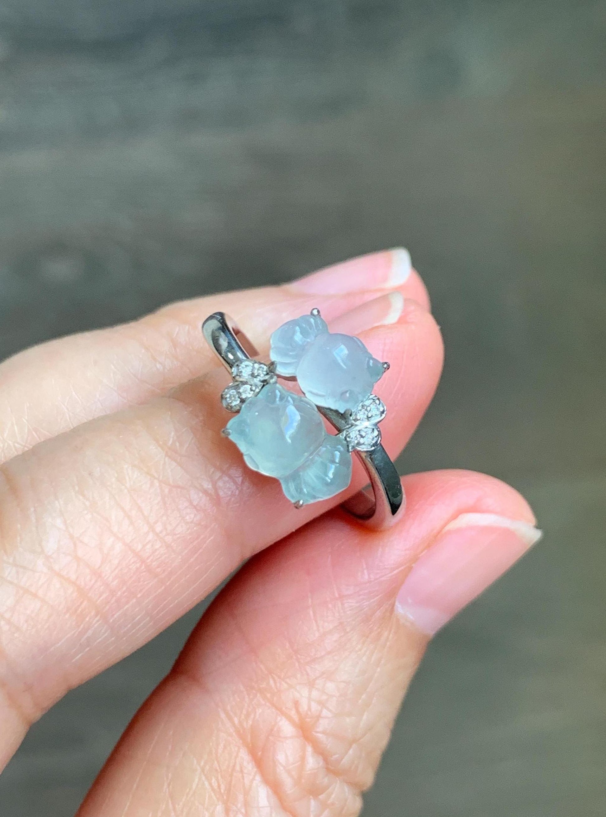 Certified Natural Grade A Icy Highly Translucent White Jade Jadeite Goldfish Bypass Ring Sterling Silver Size 7.25 US 3.15g 天然白晴冰翡翠金鱼银镶戒指224